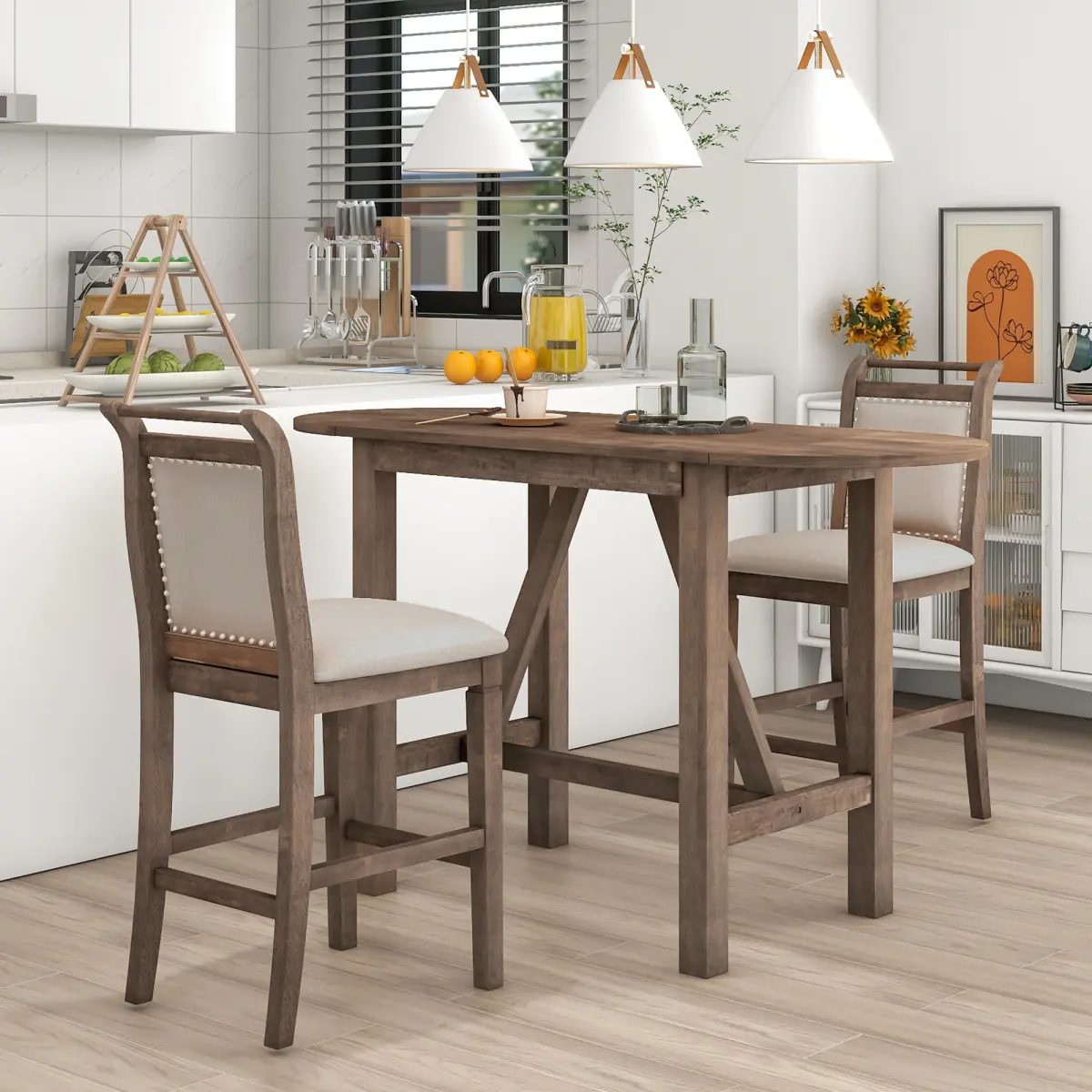 AobtkelTOPMAX 3-Piece Wood Counter Height Drop Leaf  Dining Table Set with 2 Upholstered Dining Chairs for Small Place, Brown