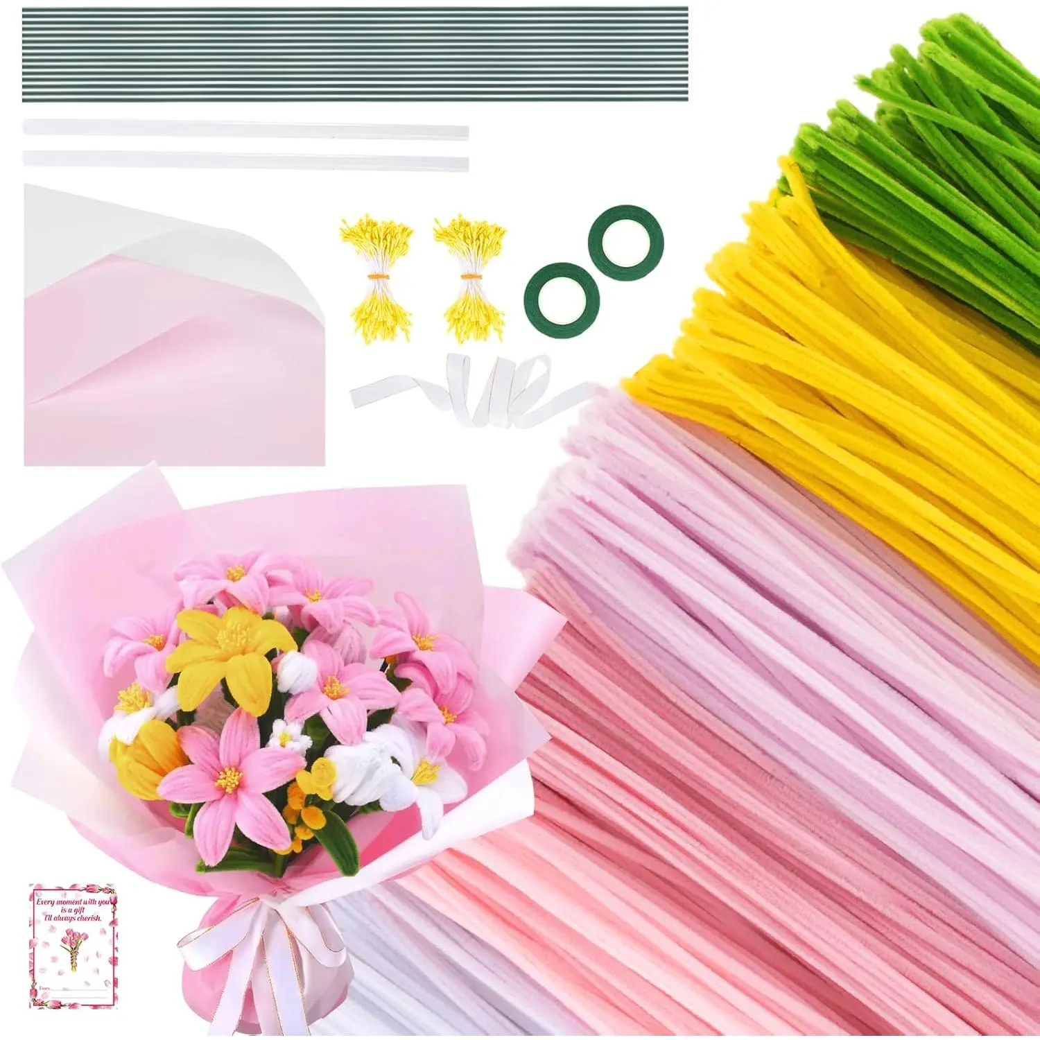600PCS Pipe Cleaners Customized Craft Kit - 6-Color Chenille Stems Set with Floral Wrapping Paper, Gardening Tape, Stamen, Floral Wires, Ribbon for Fashion Accessories, Keychains Art Supplies