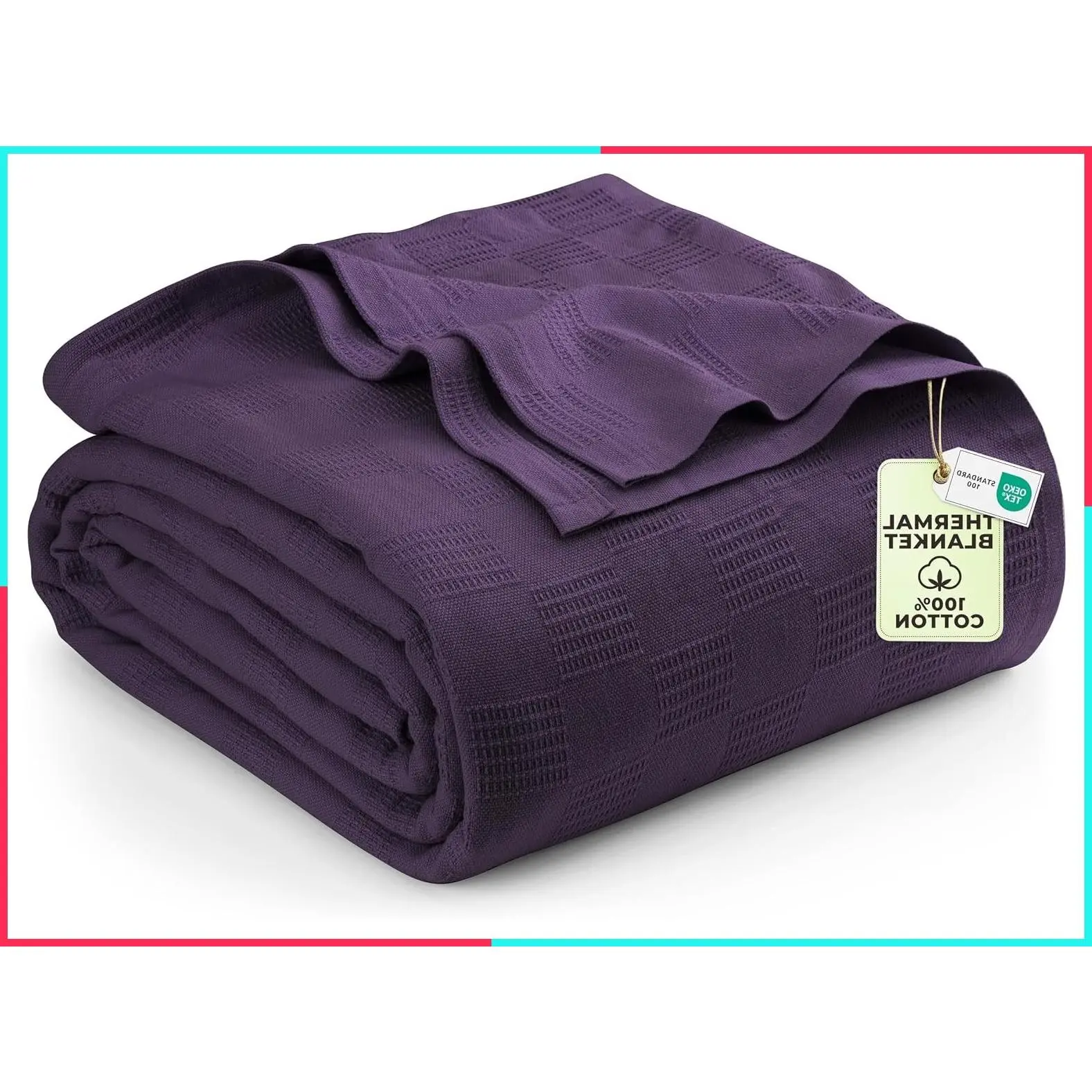 100% Cotton Thermal Blanket Plum Queen, 90x90 Inches