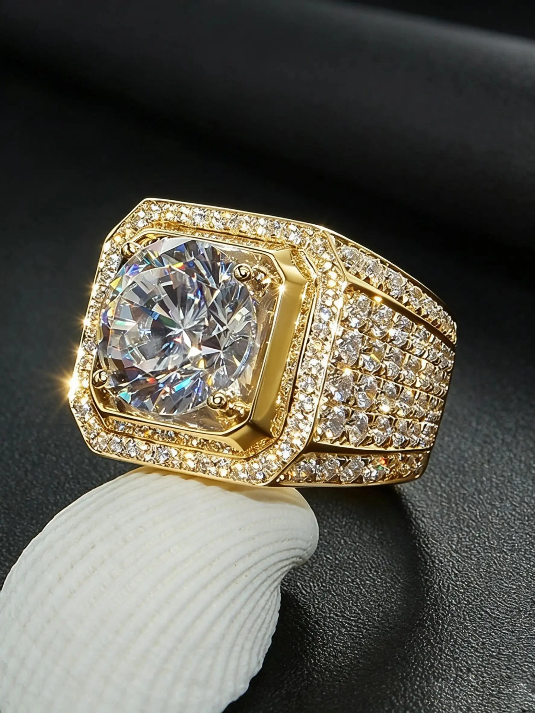 Men Wide Signet Ring, Sparkling Rings, Silver Plated & 18K Gold Tone Plated Round Cubic Zirconia Cz Ring Double Layer Halo Paved Side Stones Square Frame Statement Band Hypoallergenic Anti Tarnish Wedding Cocktail Jewelry Gift For Him