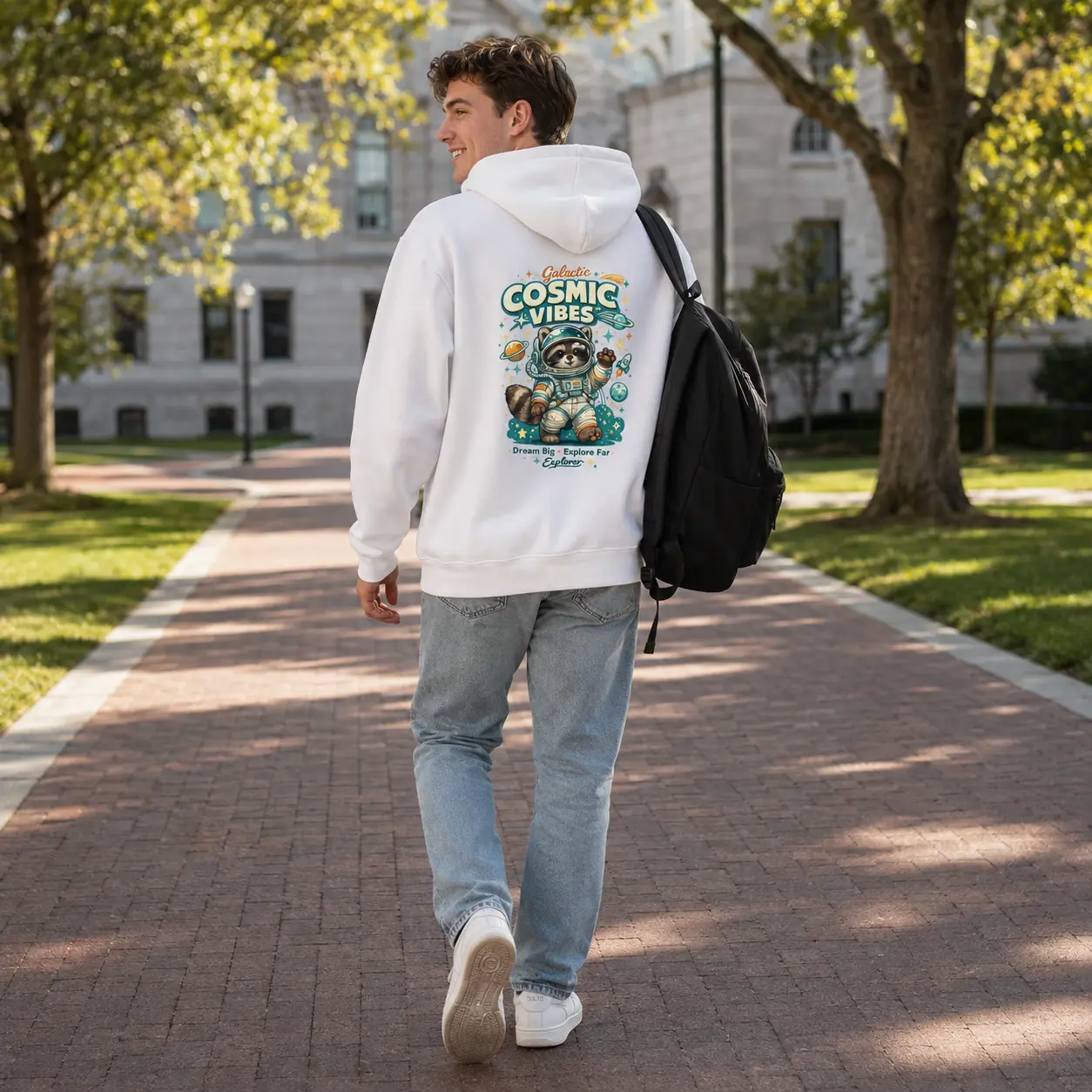 Men's Cosmic Vibes Astronaut Raccoon Graphic Hoodie – Cute Space Explorer Pullover Sweatshirt for Casual Streetwear