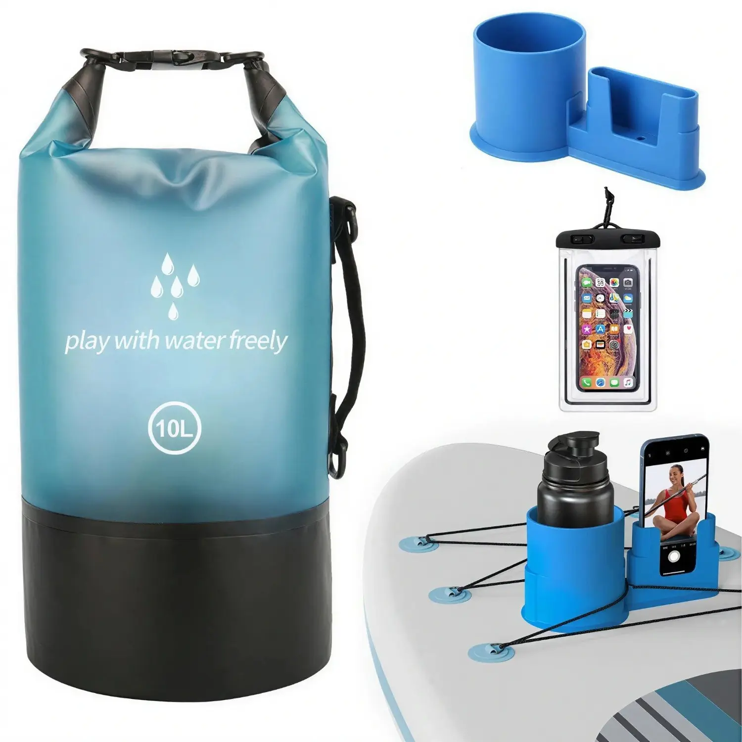 1 Set 10L Dry Bag SUP Accessories Kit, Roll-Top Waterproof Storage Bag with 2-in-1 Cup Phone Holder and Phone Pouch for Kayaking, Boating