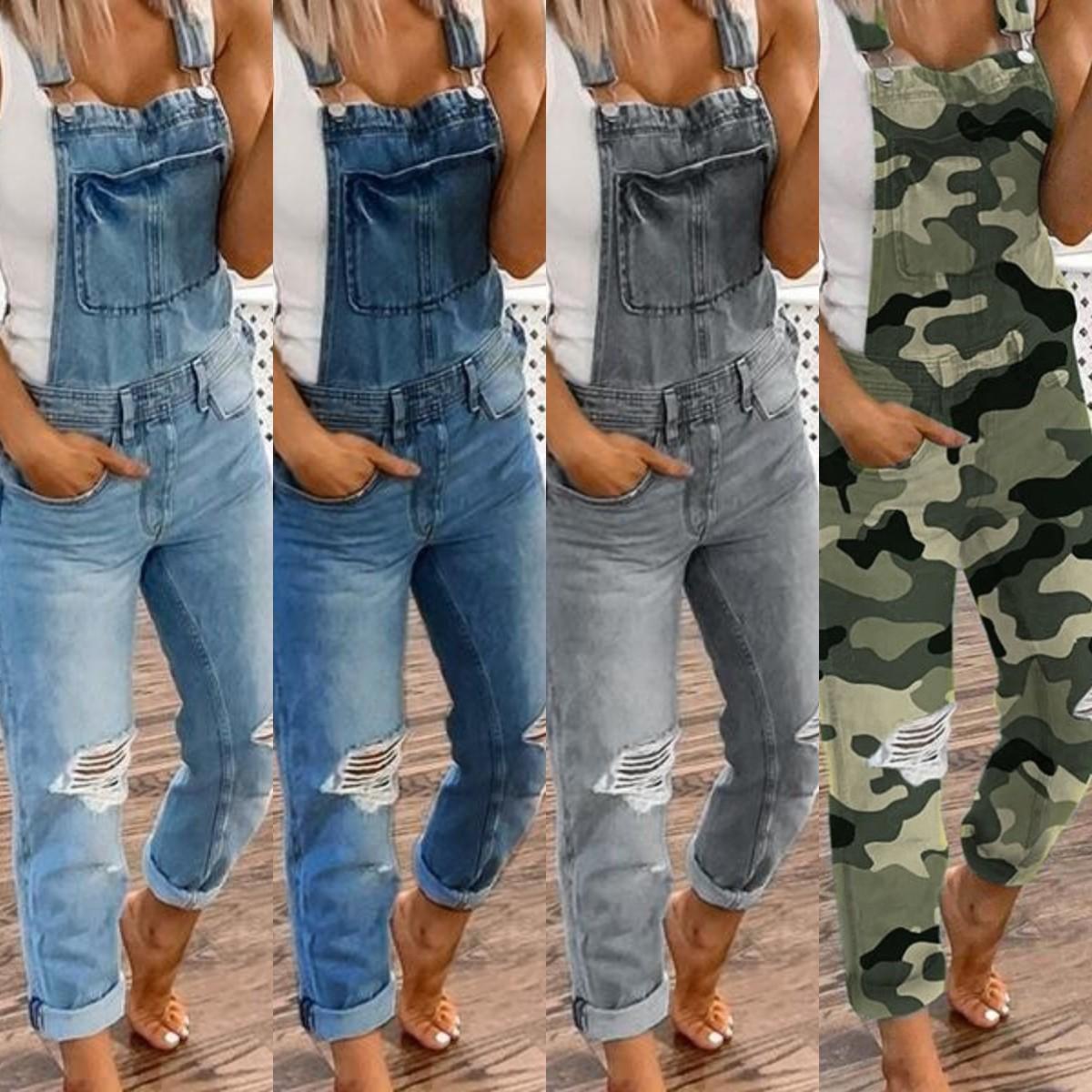 Women's Ripped  Bib Overalls Adjustable Straps Pockets Jean Rompers Casual Distressed Jeans Fit Jumpsuits   Style Sports Double Shoulder Strap Ripped  Jumpsuit Women's Casual Wear Dungarees Comfort rompers women romper Womenswear Basic