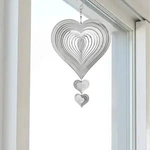 Stacked Hearts Mirror Stainless Steel garden wind spinner Anti-Corrosion & Moisture-Proof Silent Spinning Wind Spinner Hook Included for No-Drill Hanging