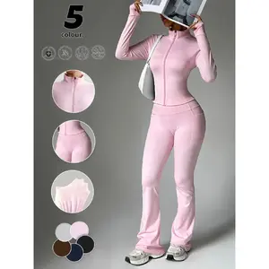 Women's Solid Color Zipper Jacket & Pocket Flare Pants Set, Athleisure Wear Set, Perfect for Yoga & Gym & Outdoor Use, Comfortable Breathable Outfit for Autumn Winter