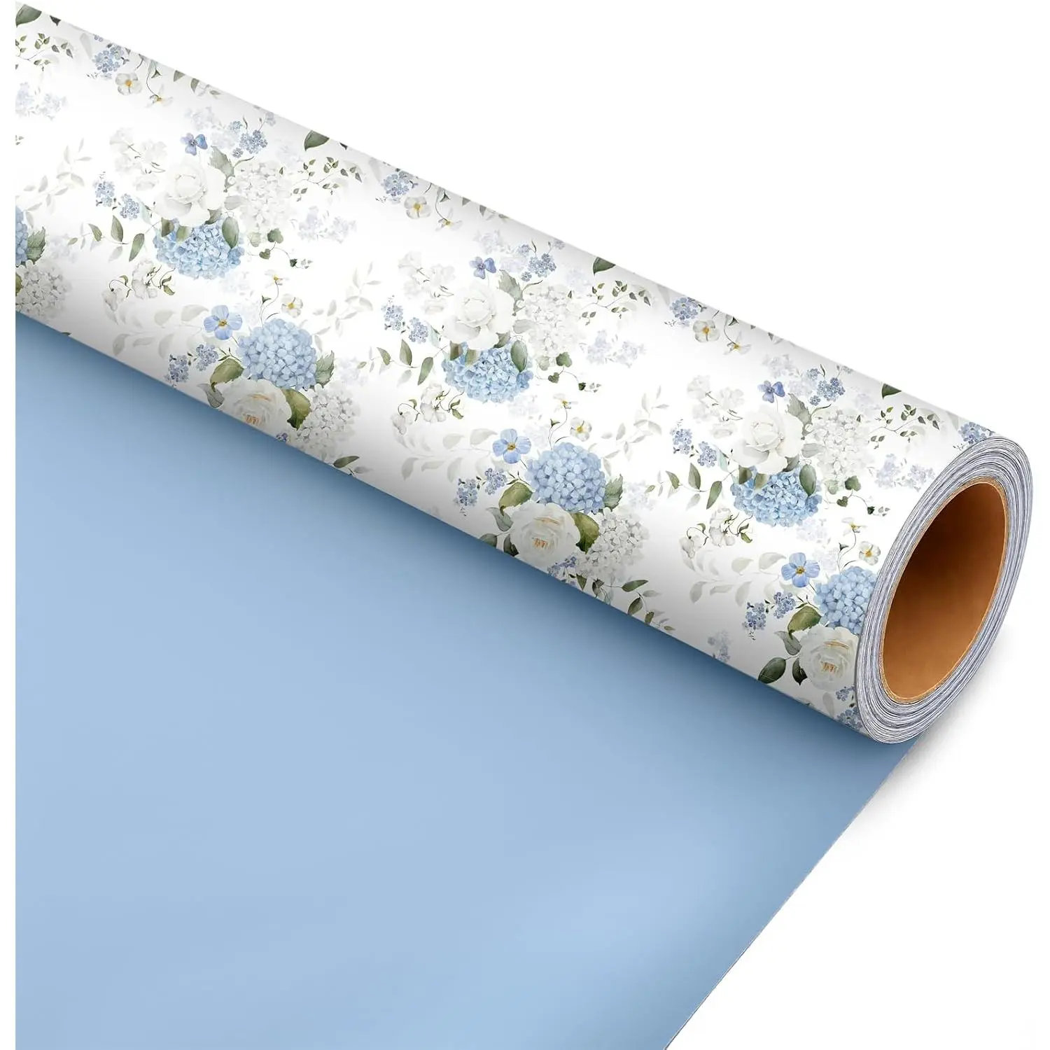 Modern Reversible Floral Gift Wrapping Paper Roll - Blue Hydrangea & White Rose, Light Blue Side, 17x16.5", Double-Sided Wraps Gifts for Wedding, Anniversary, Birthday (Office Stationery Supplies)