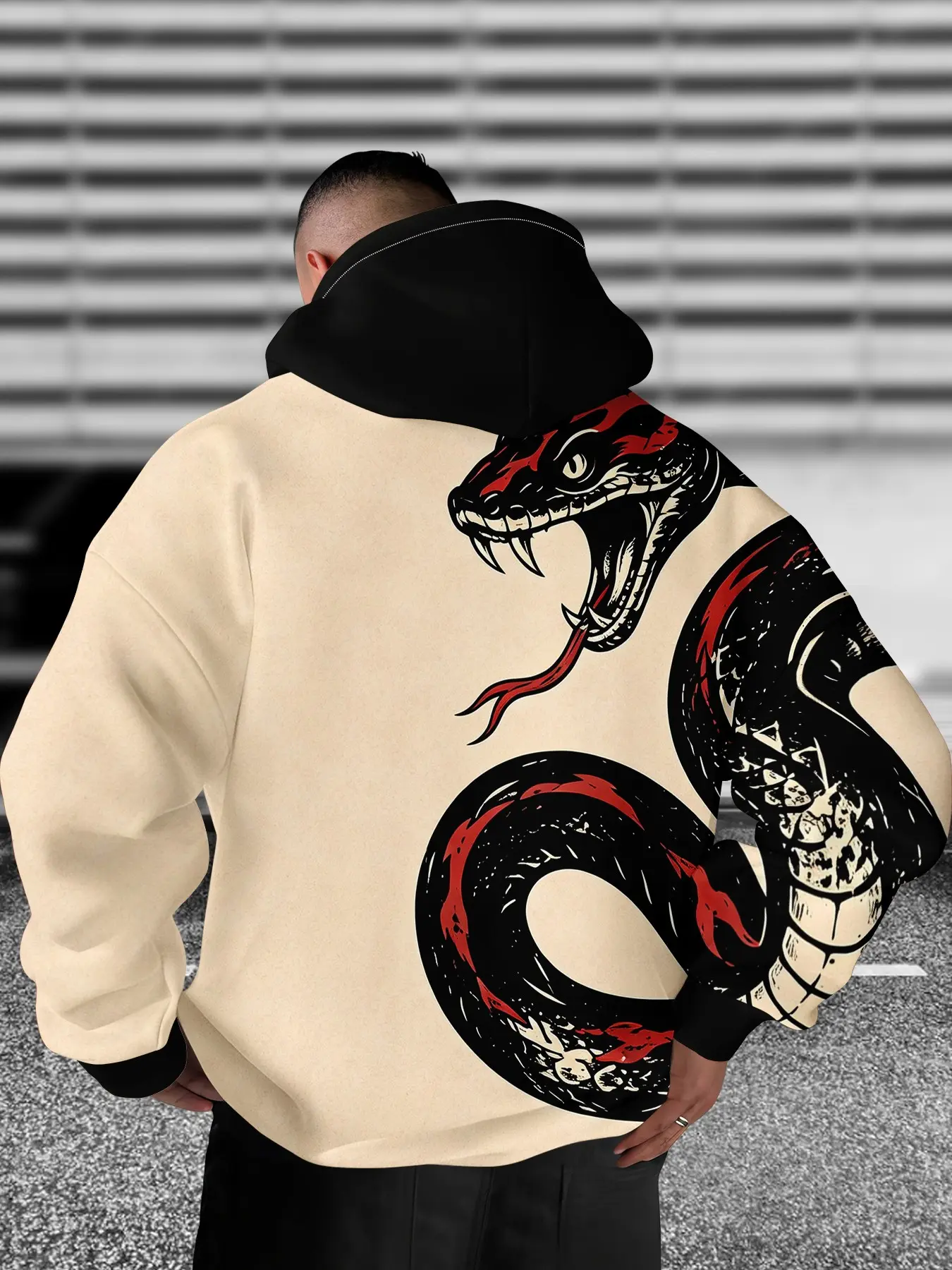 Men's Hooded Drop Shoulder Sweatshirt, Vintage Snake Totem, Loose Fit Trendy Hoodie, High Street Retro Casual Top, Fall & Winter