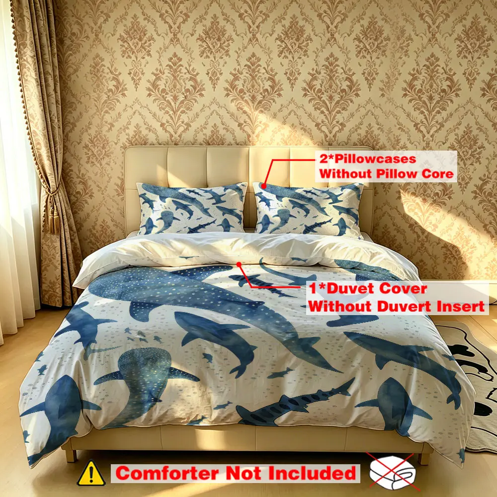 The 3-piece shark-patterned bedding set includes one quilt cover and two pillowcases. It is unstuffed, soft and comfortable, suitable for single beds and double beds, and ideal for use in bedrooms, dormitories, and hotels. Printed Bedding Set