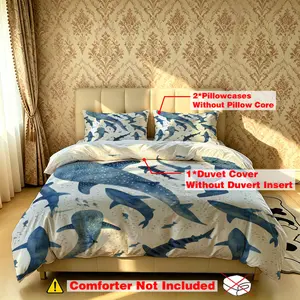 The 3-piece shark-patterned bedding set includes one quilt cover and two pillowcases. It is unstuffed, soft and comfortable, suitable for single beds and double beds, and ideal for use in bedrooms, dormitories, and hotels.