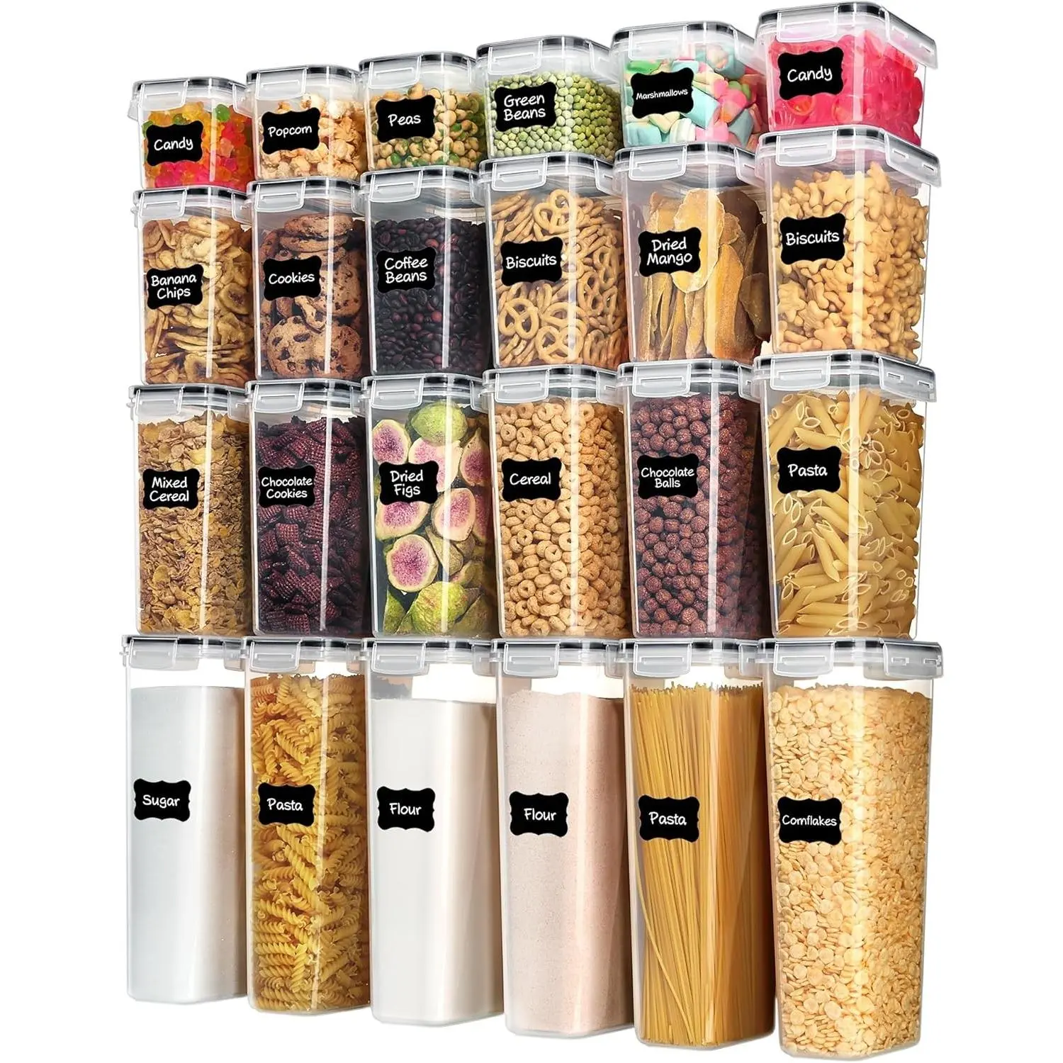 Airtight Food Storage Containers with Lids, 24 pcs Plastic Kitchen and Pantry Organization Canisters for Cereal, Dry Food, Flour and Sugar, BPA Free, Includes 24 Labels, Black