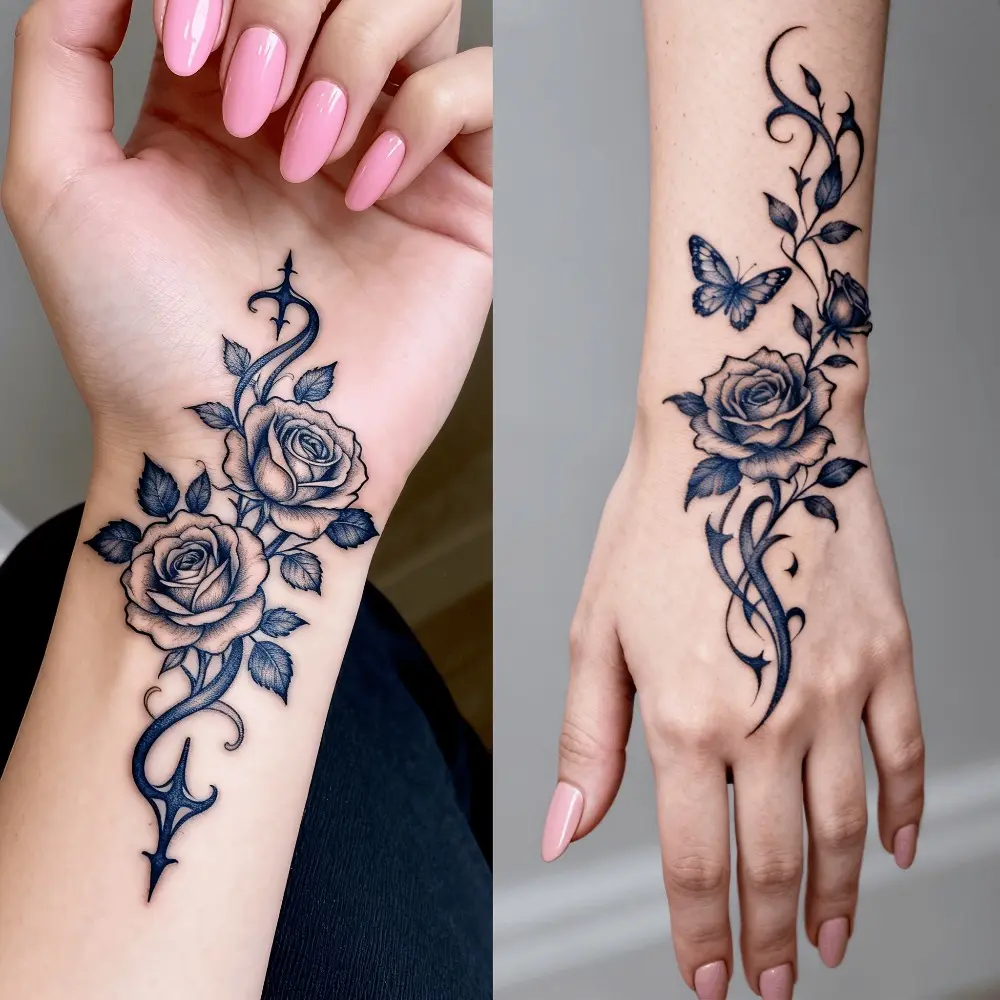 4 Pcs Large Temporary Tattoos for Women, Black Rose and Butterfly Floral Body Art Stickers for Arm, Back, Leg and Thigh, 6.69 x 3.15 in