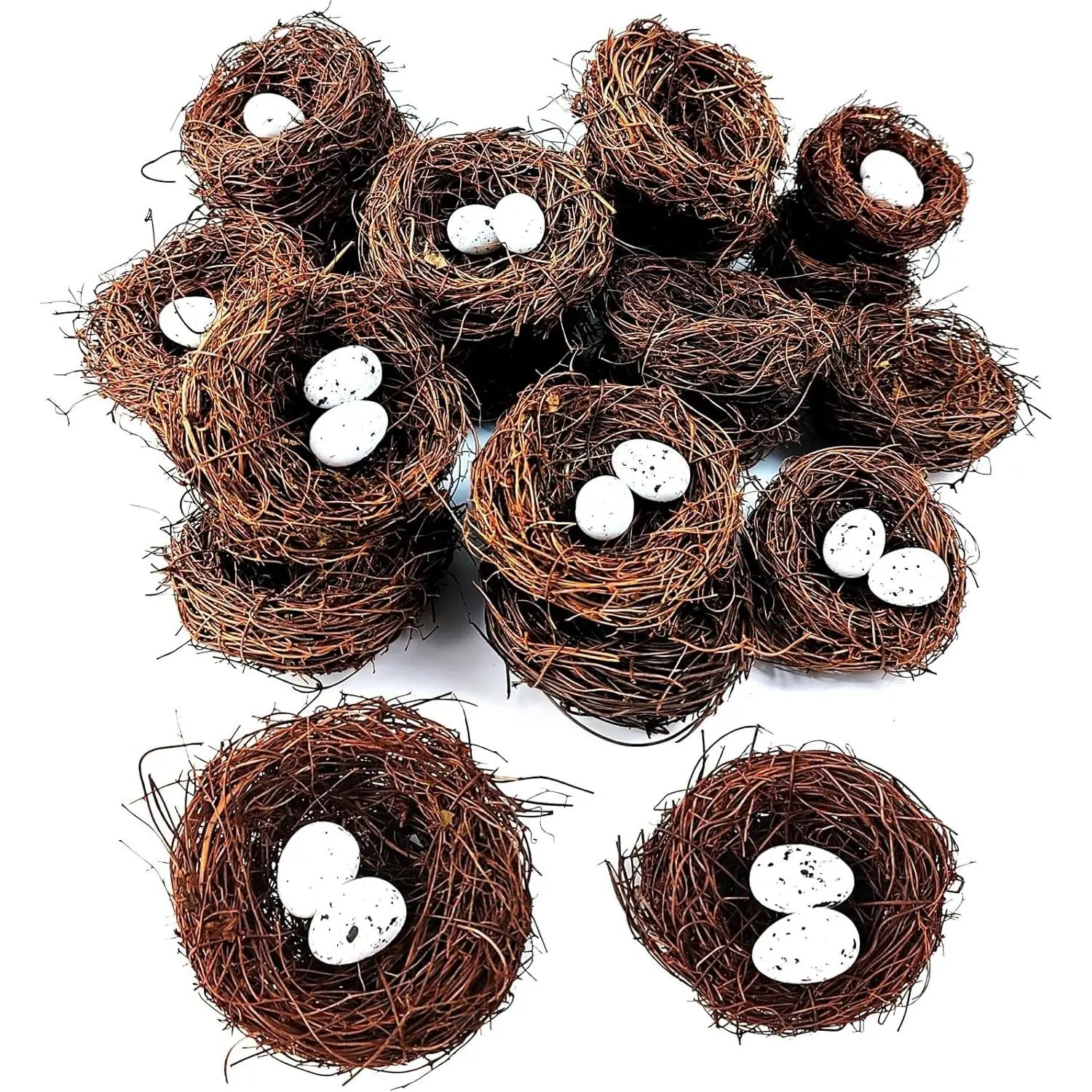 24PCS/Set Small Faux Bird Nest with Eggs for Crafts, Artificial Rattan Birds Nest for Easter Wedding Home Party Christmas Tree Decoration (8pcs Mixed Small Size Nest, 16pcs Eggs)