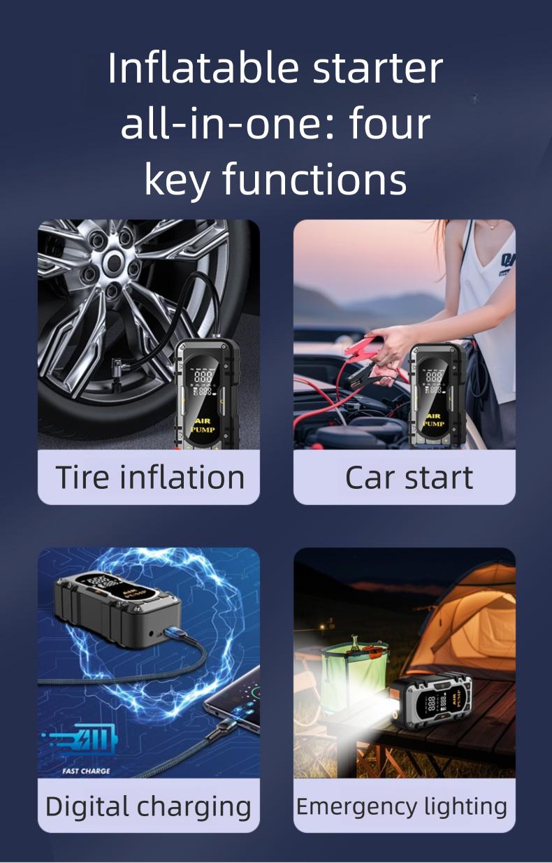 2-in-1 Portable Car Jump Starter & Tire Inflator with Emergency Light & Power Bank