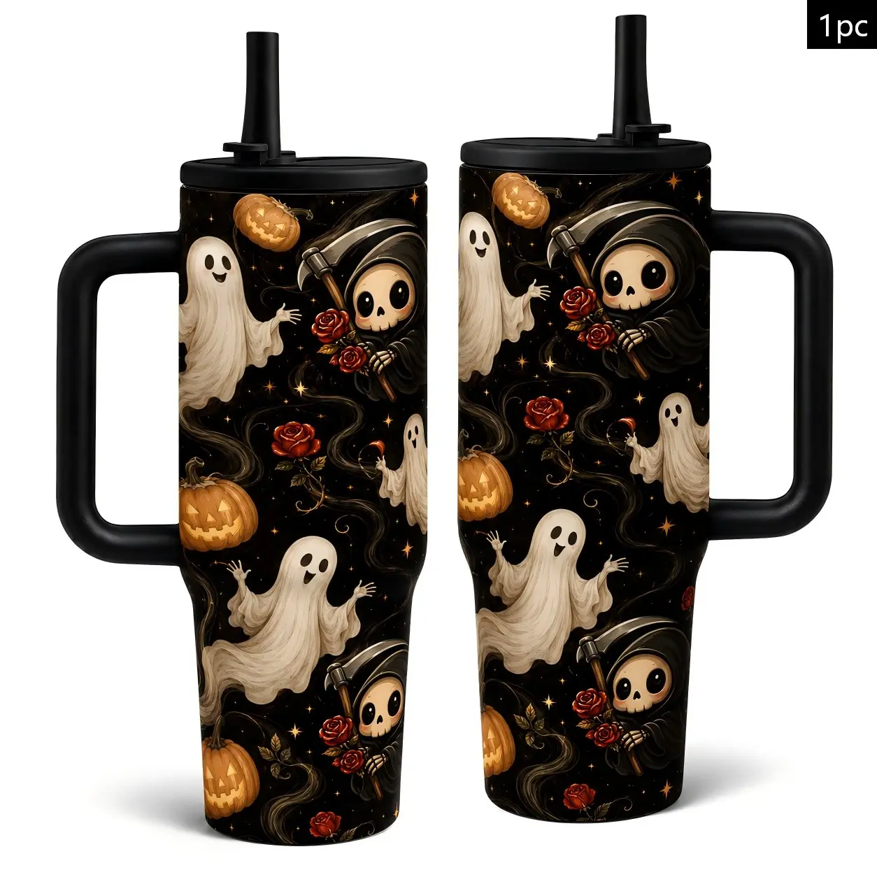 1PC 40oz Black Spooky Ghost Pumpkin Reaper Rose Pattern Insulated Tumbler with Handle & Straw, Double Wall Vacuum Leak-Proof Travel Mug, Hot 12H Cold 24H, Large Water Bottle for Women Men, Halloween Birthday Gift