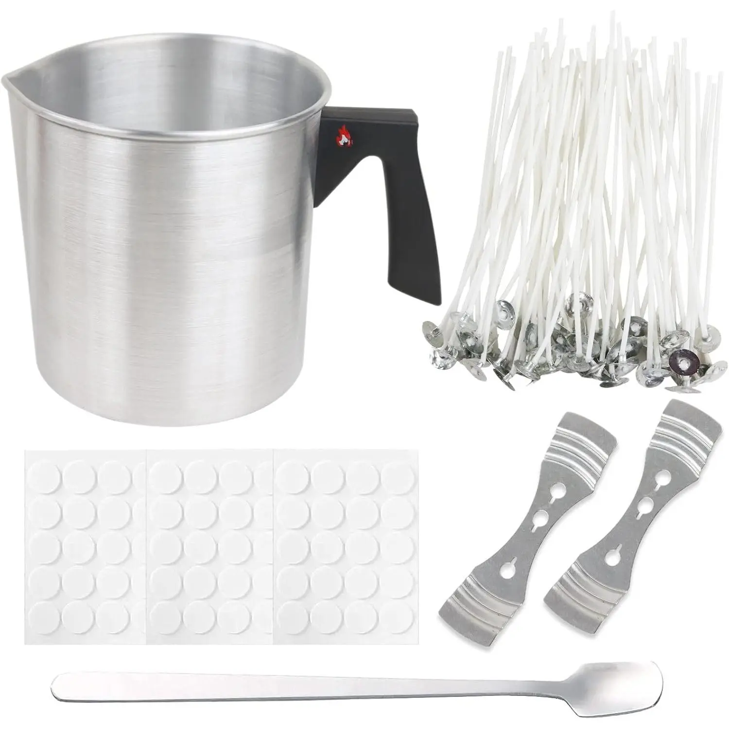 Candle Making Kit, 60 count Candle Wicks, 60 count Candle Wicks Sticker, 1 count Candle Wax Pouring Pot, 2 count 3-Hole Wicks Centering Devices, 1 count Mixing Spoon, DIY Candles Craft Tools