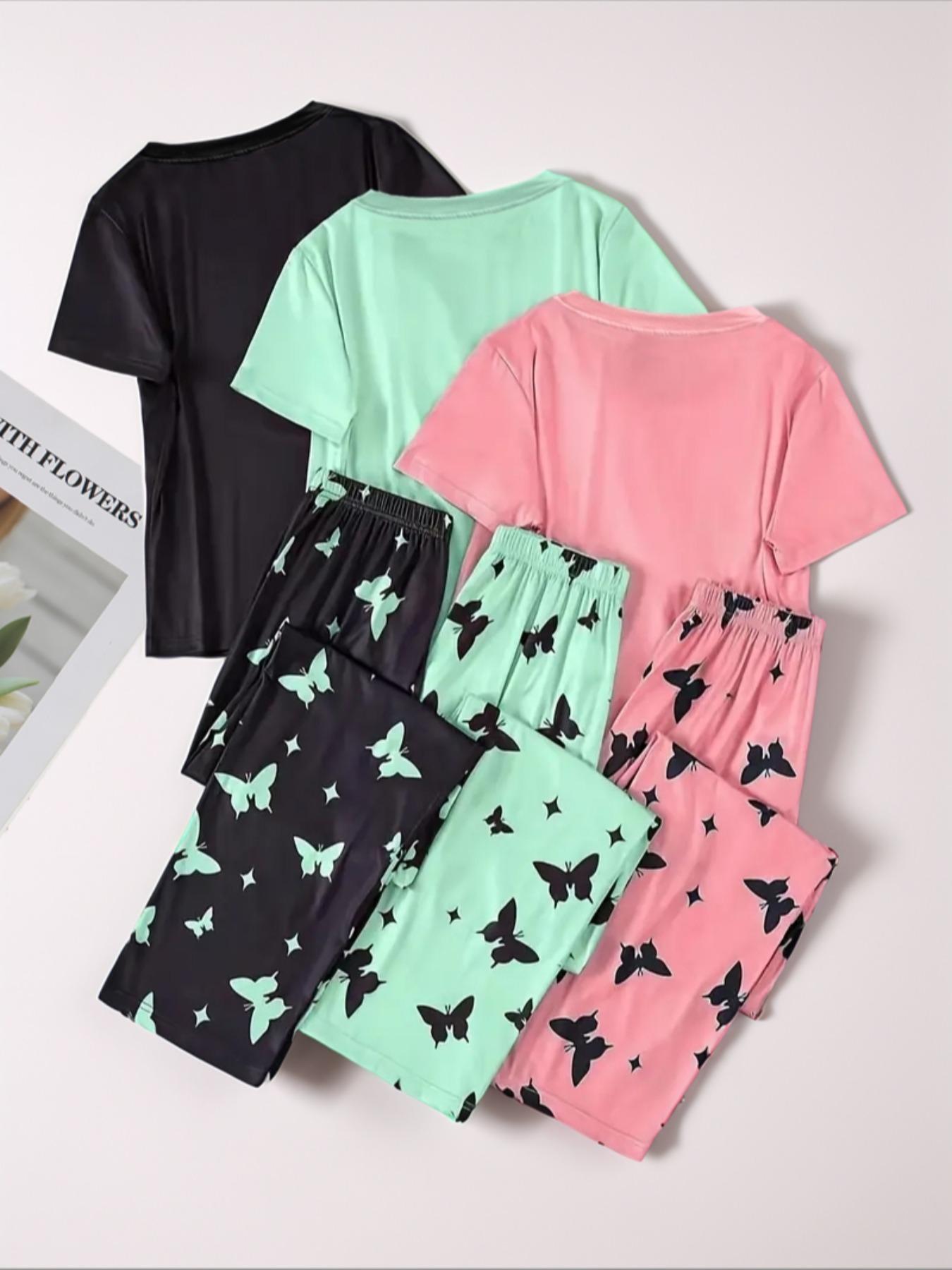 6 Counts Women's Heart & Butterfly Print Pyjama Set, Short Sleeve Tee & Elastic Waist Pants Loungewear Set, Women Cute Nightwear, PJ Sets for Women, Summer Outfits 2024, Pajama Set