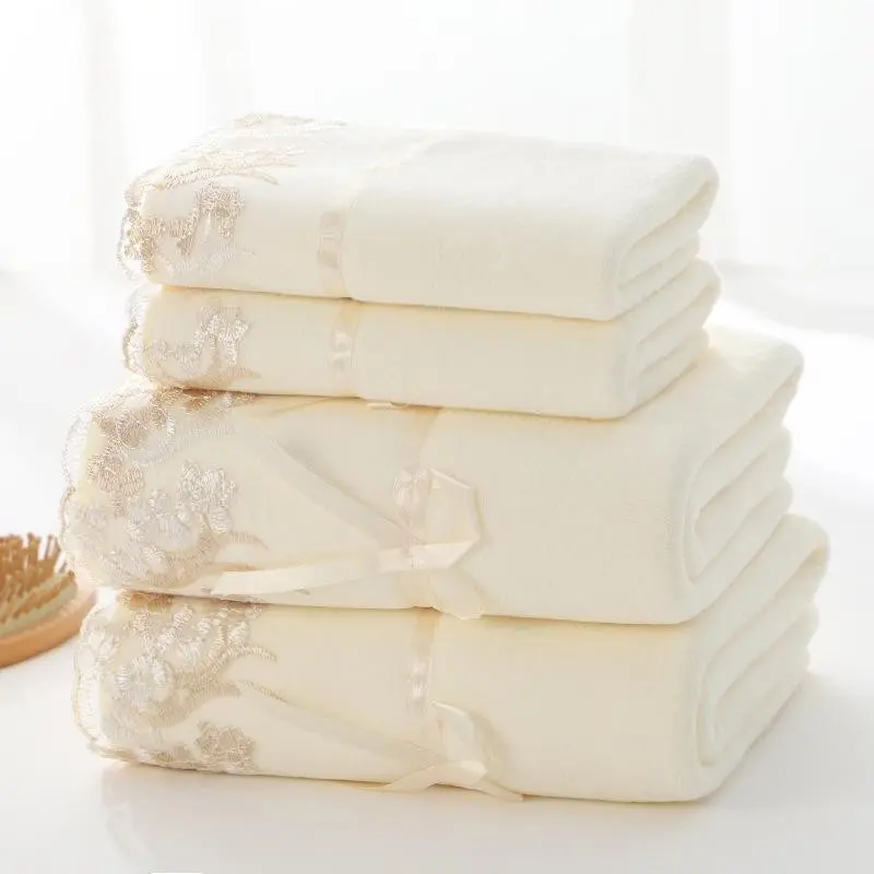 Latest 4-piece lace embroidered towel set, household ultra-fine fiber towels, soft hand towel bath towels, bathroom bath towel set, bathroom absorbent towels, 2 bathroom towels and 2 hand towels. Perfect home bathroom supplies for Halloween and Christmas.