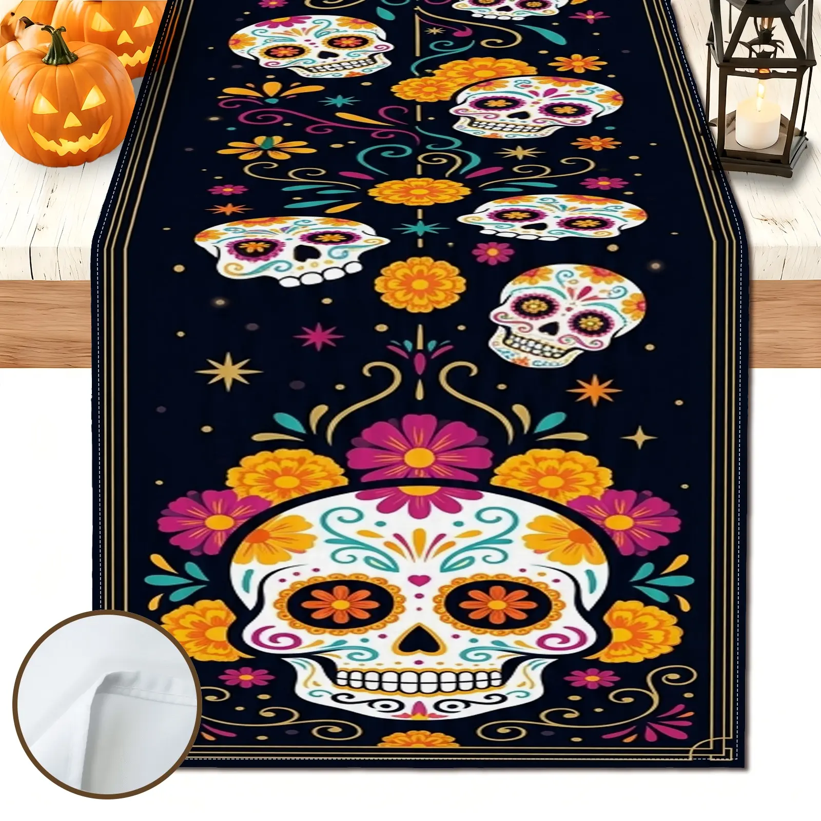 1pc Skull Floral Table Runner, Colorful Gothic Style, Decorative Border and Repeating Pattern, for Dining Table Halloween Party Home Decor Seasonal Table Decor