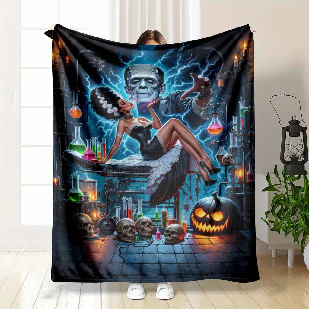 Gothic Horror Fantasy Flannel Blanket Featuring Iconic Frankenstein Monster And Bride Laboratory Print Ultra Soft Lightweight Warm Plush Throw For Halloween Spooky Themed Bedroom Living Room Decor Cozy Couch Sofa Bedding Anniversary Birthday Gift Ideas