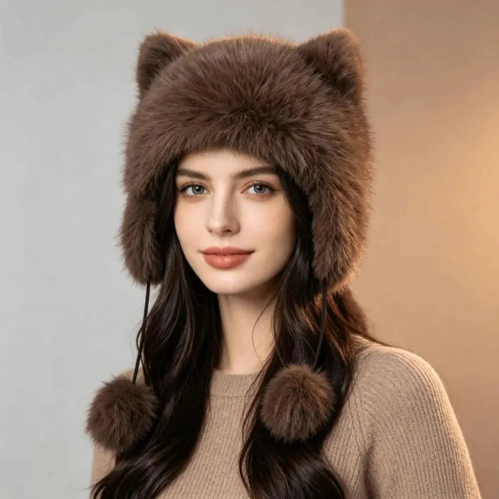 Cute Thick Faux Raccoon Fur Trapper Bomber Hat - Windproof Earflaps, Fluffy Pom Pom, Solid Color Thermal Cold Weather Gear, Cozy Snow Skiing Accessory, Daily Outdoor Commute Gift