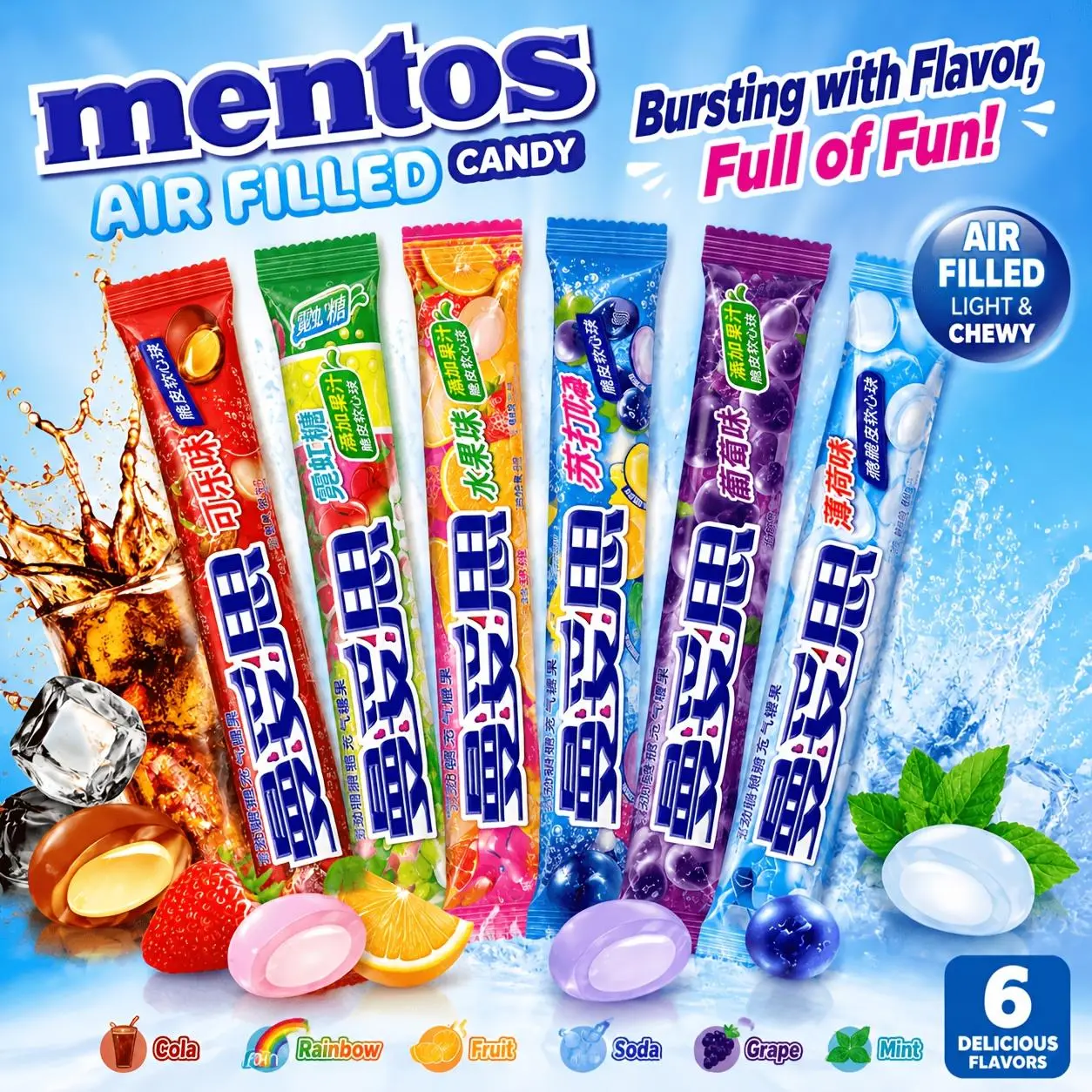 9-pack Mentos chewable sugar rolls, each 1.3 oz (37 g), randomly mixed flavors, individually packaged soft-centered candy, suitable for parties, offices, and movie snacks