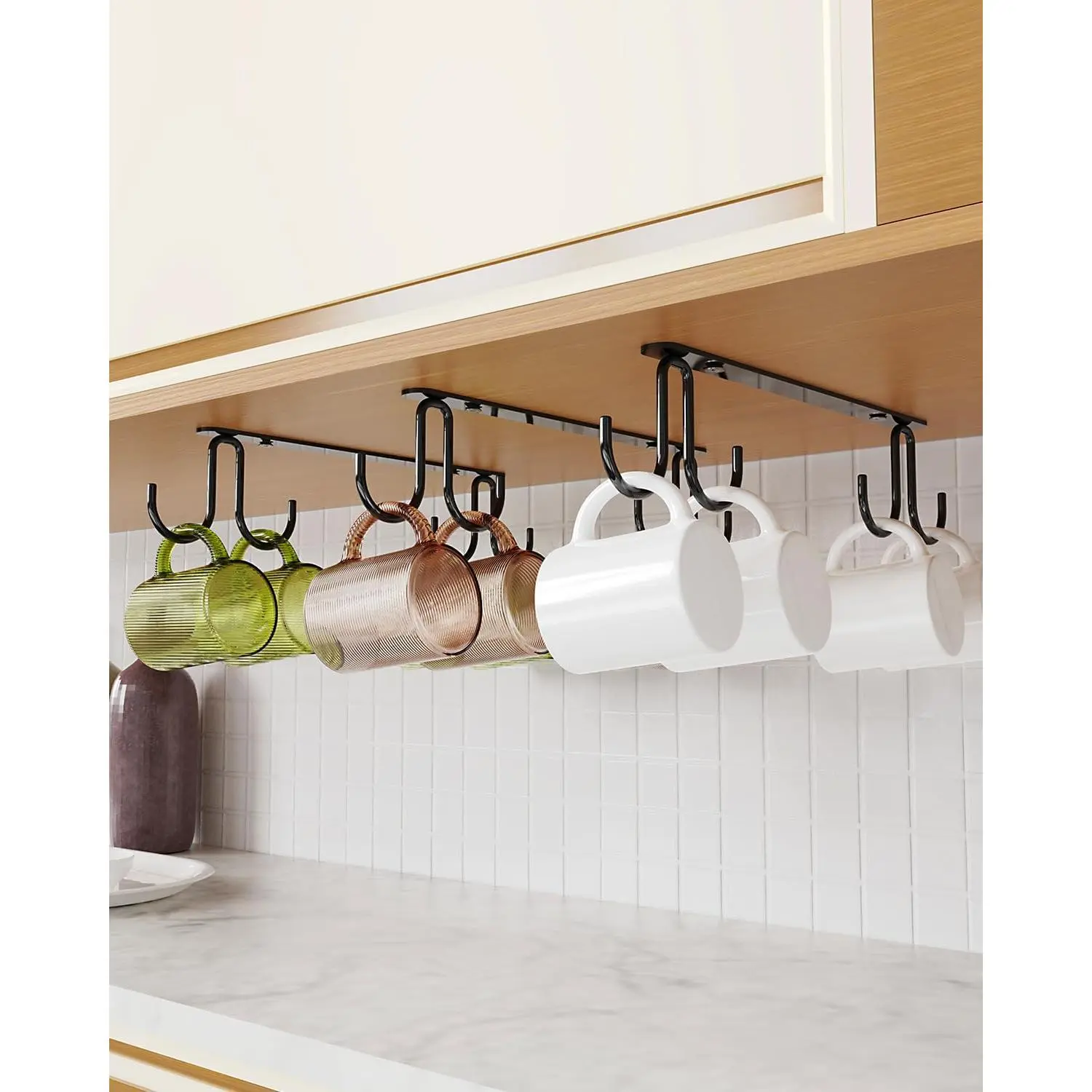 Mug Hooks Under Cabinet 3 Pack, Metal Cup Hooks for  Under Shelf, Mug Organizer Rack with 12 Hooks for Displaying Mugs, Coffee Cups and Kitchen Utensils, Black