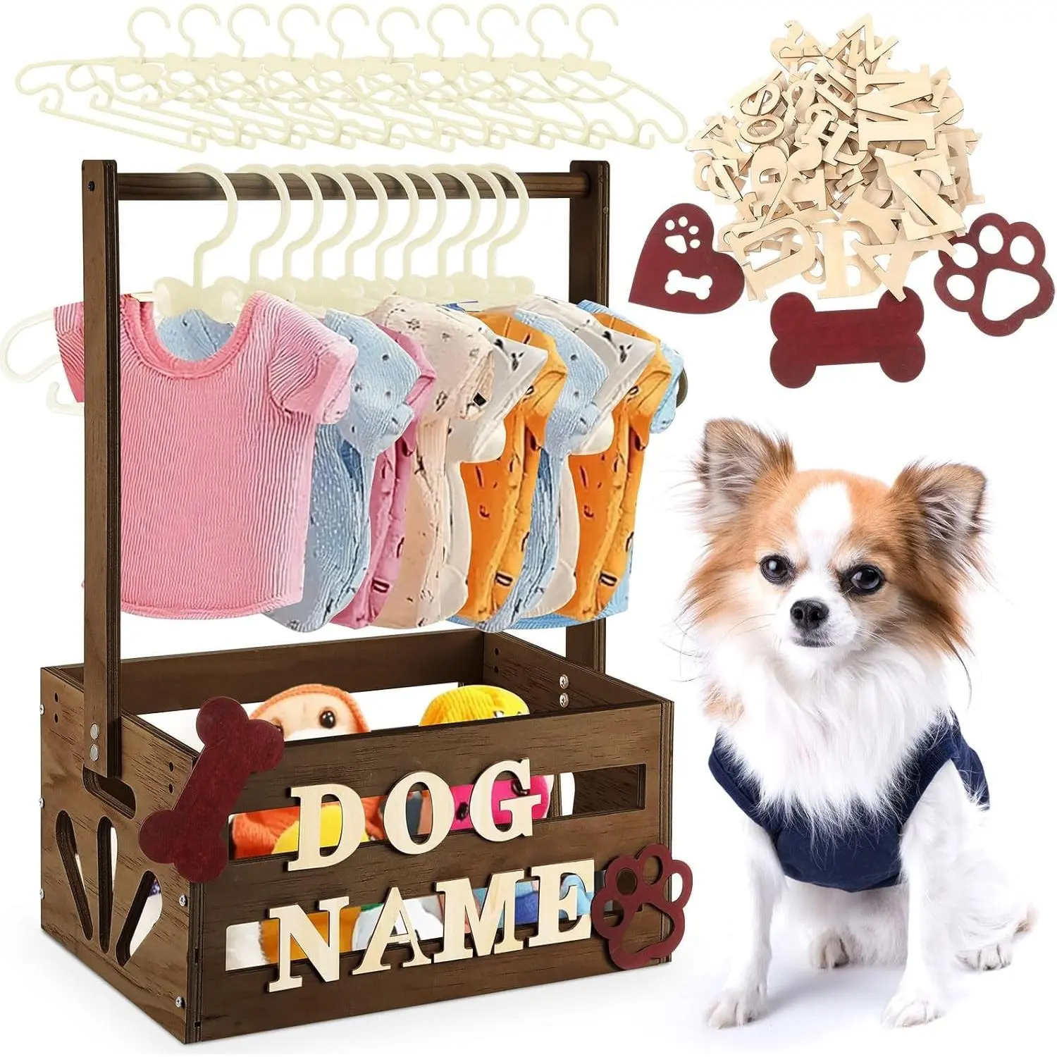 20 x 13 x 9 Wooden Dog Closet Pet Wardrobe Crate Box with Hanging Rods Personalized Alphabet Letters Easy Assembly Baskets for Dog Cat Toys Clothes Accessories (Dark Walnut)