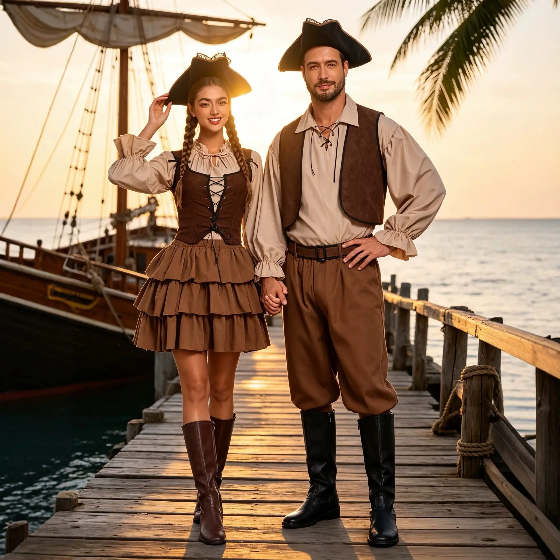 Couple Pirate Costume Vintage Captain Suit For Men Women Halloween Party Matching Role Play Outfit