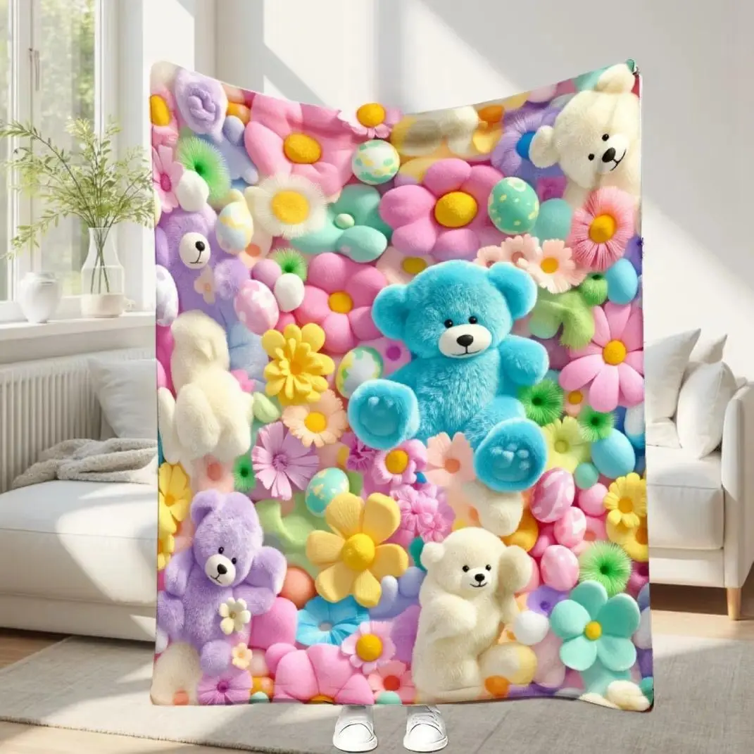 Pastel Teddy Bear Floral Egg Print Thin Soft Polyester Flannel Throw Blanket - Foldable, Wrinkle-Resistant, Multi-Size (4 Sizes Including 30×40 in/75cm*100cm Baby), Family & Kids Home Decor Christmas Gift (Matches Cooling Blankets, Pillows, Couch Covers)
