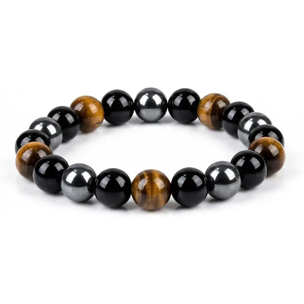 Triple Protection Bracelet for Men & Women - Natural Tiger Eye, Black Obsidian & Hematite Beaded Bracelet - 10mm Healing Crystals for Luck, Prosperity & Spiritual Protection - Meaningful Gift