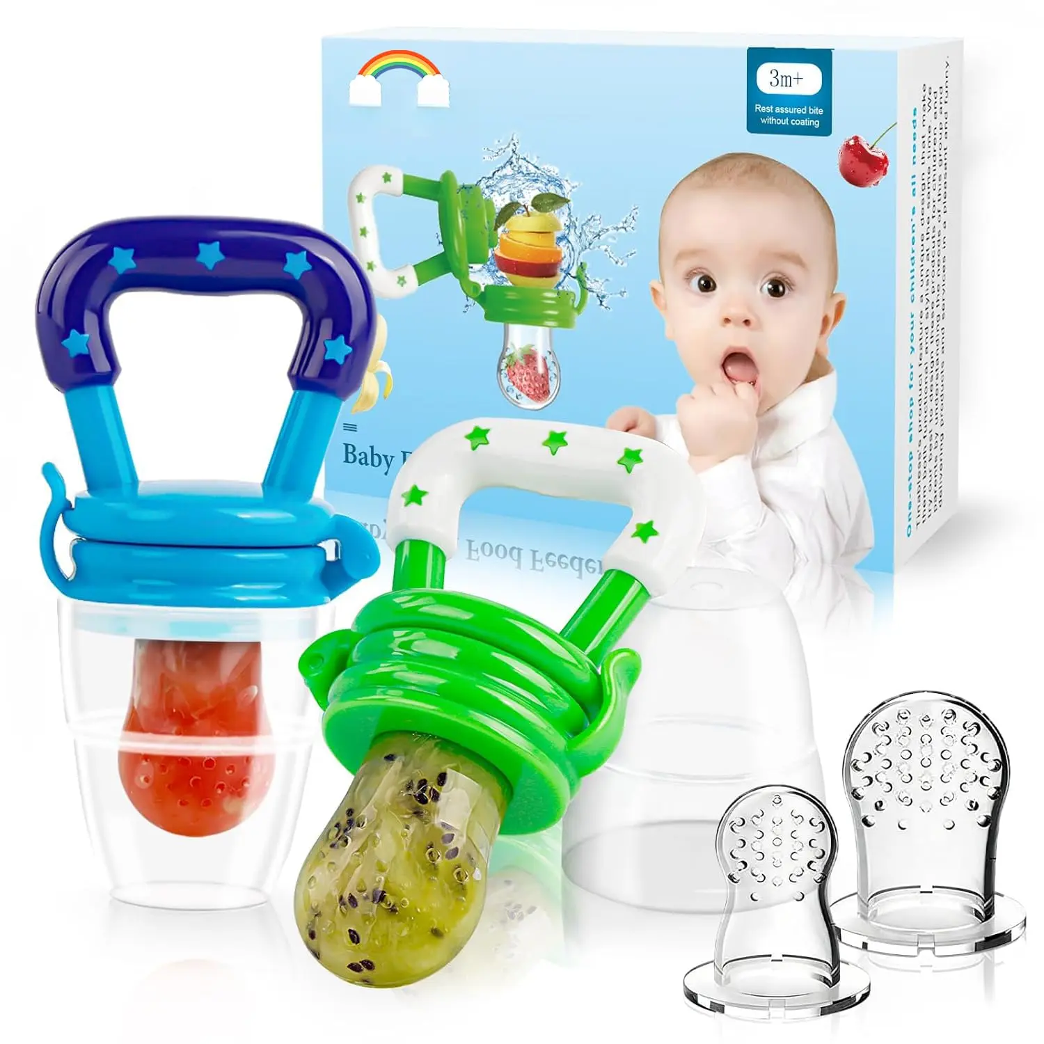 Baby Fruit Feeder/Food Feeder Pacifier  Babies (2 Pack) - Mesh Teethers  Babies, Infant Teething Toy in Appetite Stimulating Colors, Bonus Includes 3 Sizes Silicone Pouches