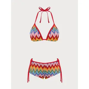 SAMIOL Women's Knitted Polyester Color Block Bikini Set Contrast Color Block Two Piece Bikini Wrap Front Padded Spaghetti Strap Top High Waist Ruched Bottom Anti Chlorine Breathable Summer Vacation Swimwear