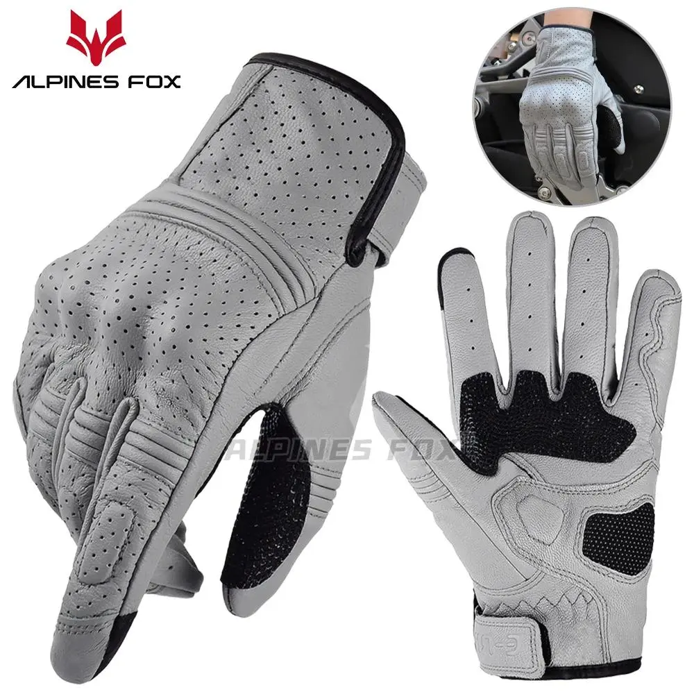 Retro Motorcycle Leather Gloves Perforated Summer Breathable Touch Screen Motobike Cycling Accessories Full Finger Protective