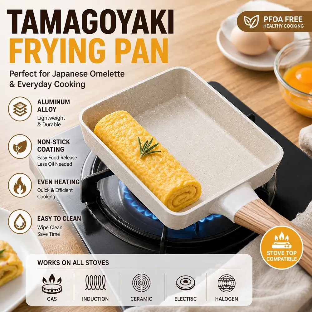 Advanced Non-Stick Tamago Scramble Pan, Aluminum Egg Fryer, Suitable for Japanese Eggs, Compatible with Induction and Gas Stoves