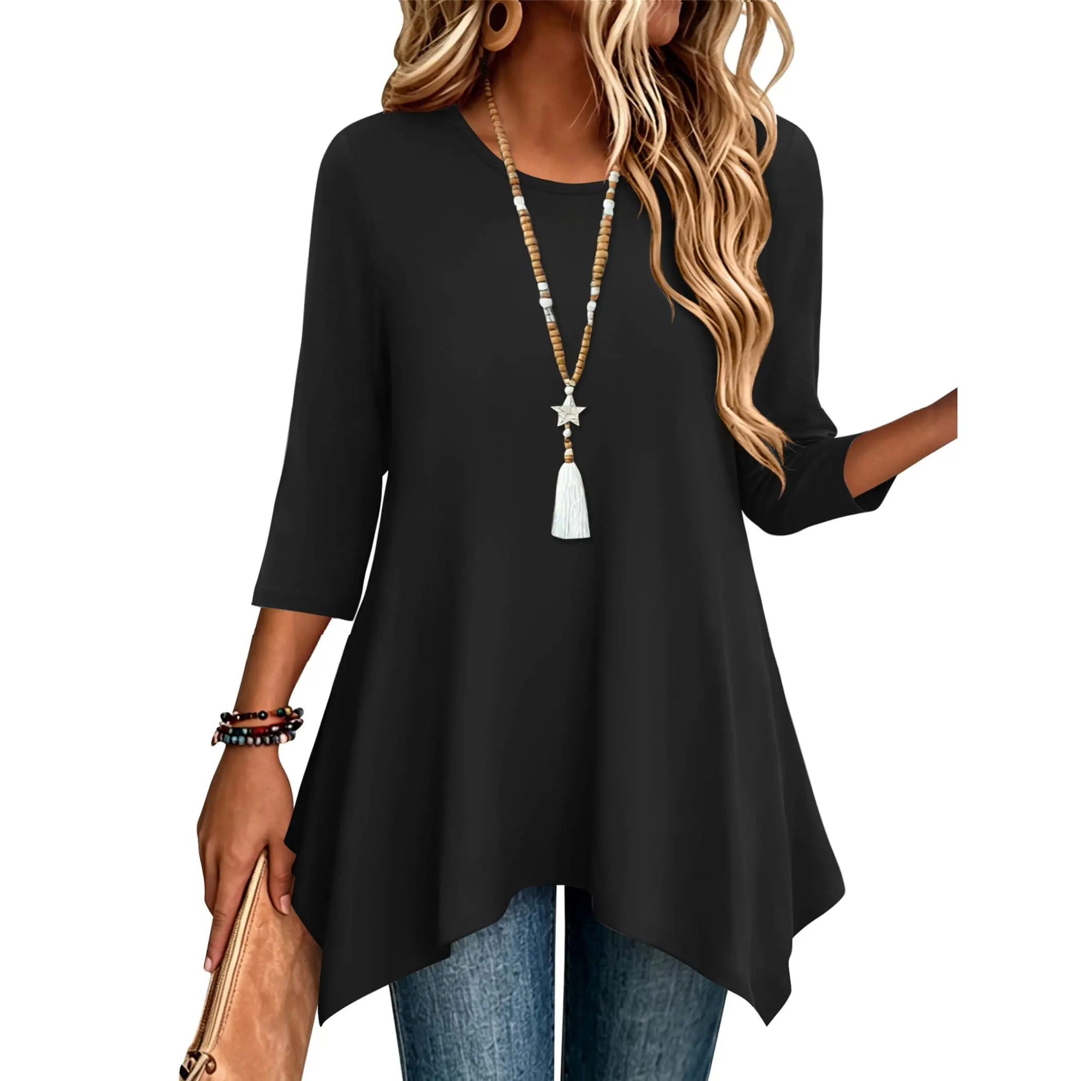 Zeagoo Women's Tops 3/4 Sleeve loose fit dressy Tunics Plus Size Boho Shirts