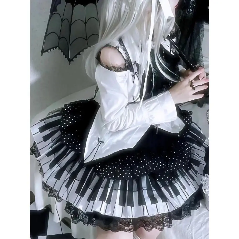 Harajuku Black White Grunge Skirts Women Y2k Aesthetic High Waist Cake Mini Streetwear Lace Patchwork Vintage Kawaii Mini Jupe