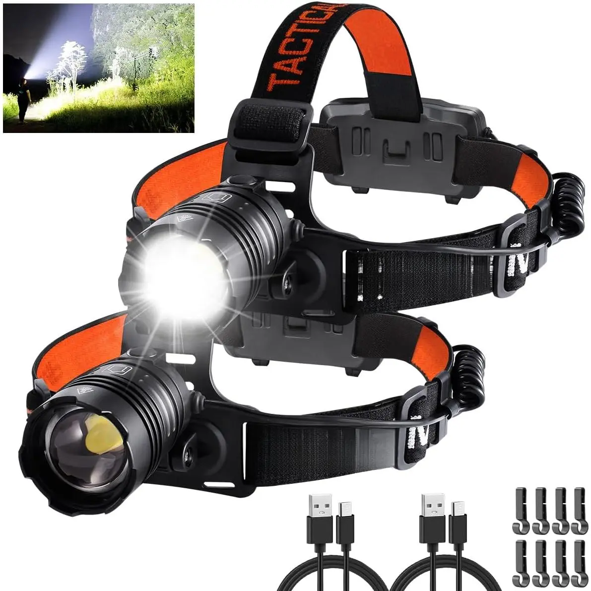 Headlamp Rechargeable 2Pack, Head lamps led rechargeable, Adjustable Focus Headlight Outdoor, 4Mode Head Lights  Forehead, 90 °   Angle LED Headlamp, Waterproof Headlamps  Adults Camping Hard Hat
