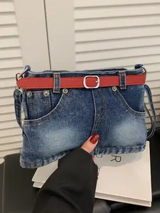 New casual denim skirt with single shoulder crossbody women's bag, featuring a red leather strap simple and stylish denim skirt underarm bag Crossbody Clutch Bag Fashionable Casual Bag