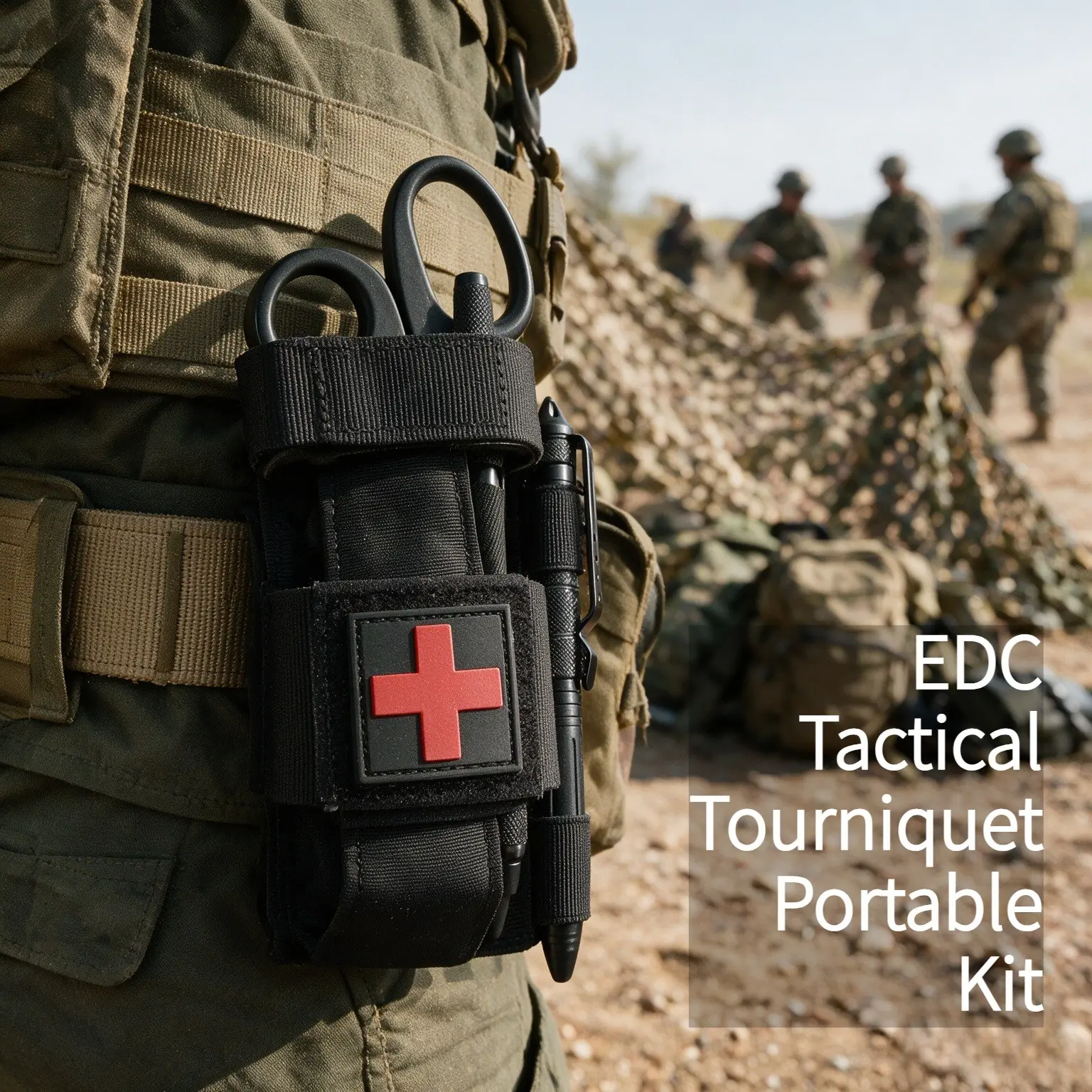 EDC Tactical Tourniquet Portable Emergency Equipment Kit, Nylon Pouch with Red Cross, MOLLE Belt Attachment, One-Handed Quick Operation, Includes CAT Tourniquet/Scissors/Tactical Pen, Outdoor First Aid Emergency Kit, 1 Set