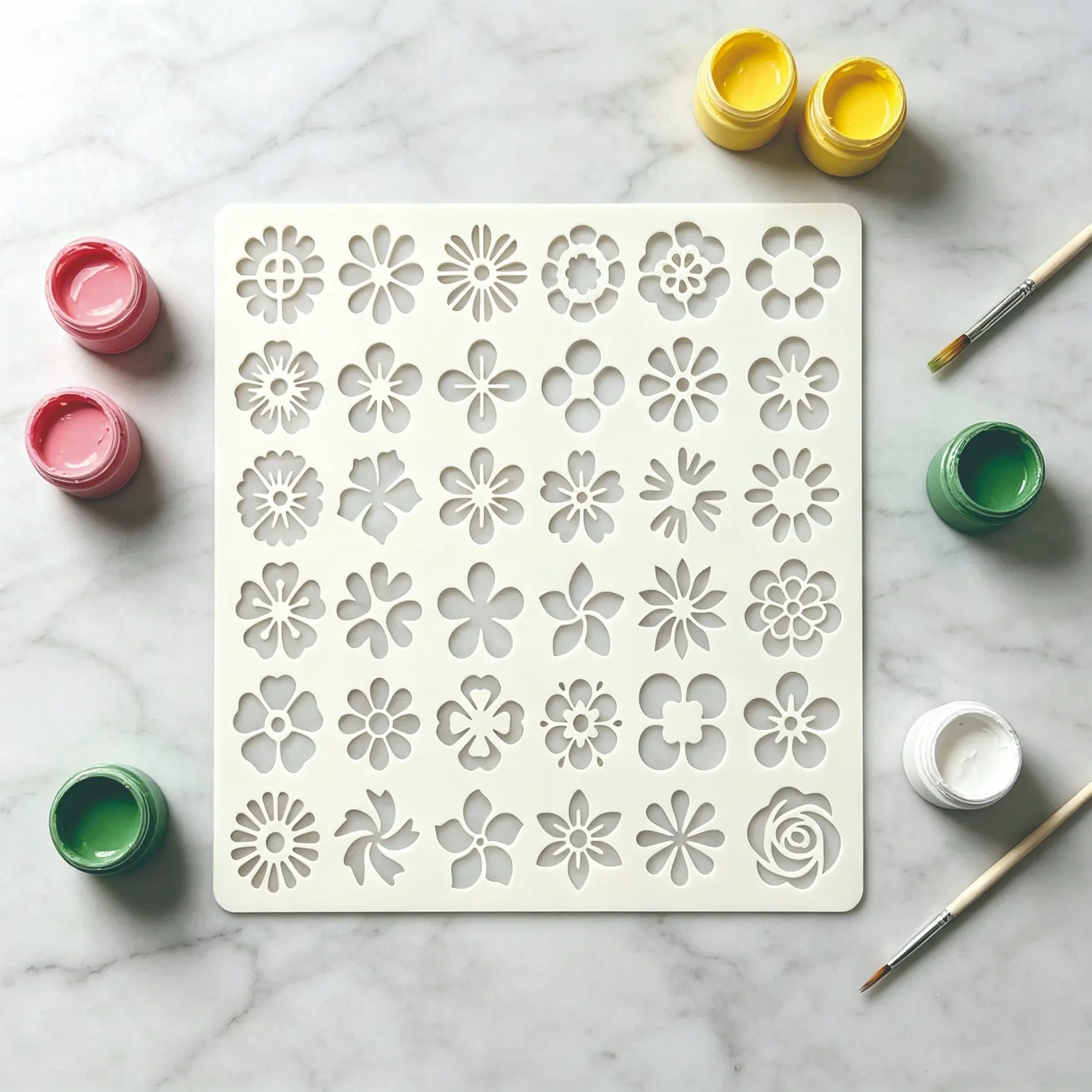 1pcs Floral Pattern Drawing Template 6x6 Inches, Includes Four-Petal Flower, Six-Petal Flower, Sunflower, Wreath, Rose, Spring Design, Forest Plants