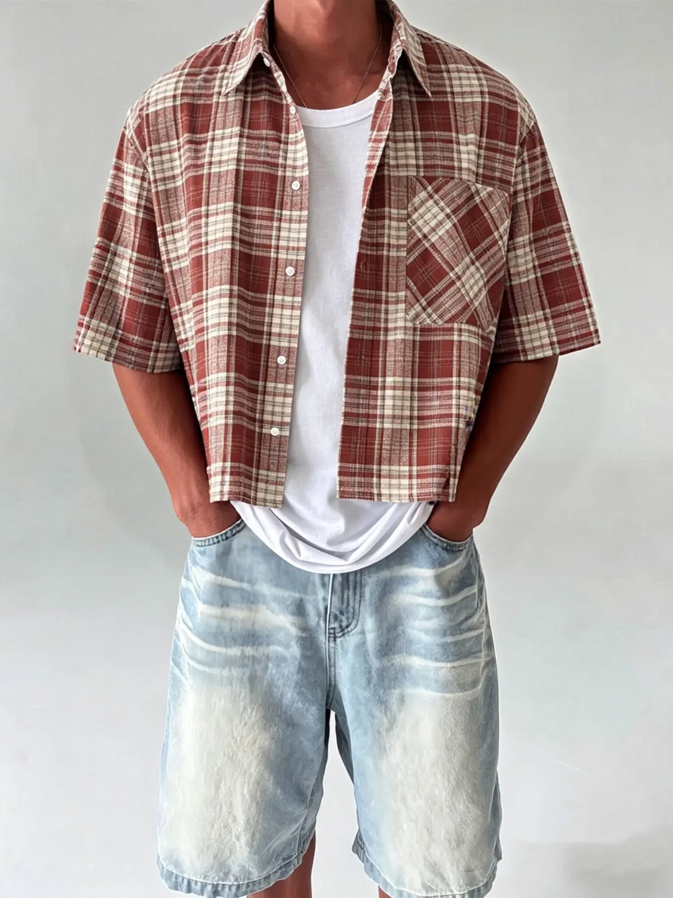 Men's Teenager Loose Plaid Checked Lapel Short Sleeve Shirt, Boxy Trimming Fashion Blouse, Casual Wear for Daily Use, Comfortable and Stylish Design