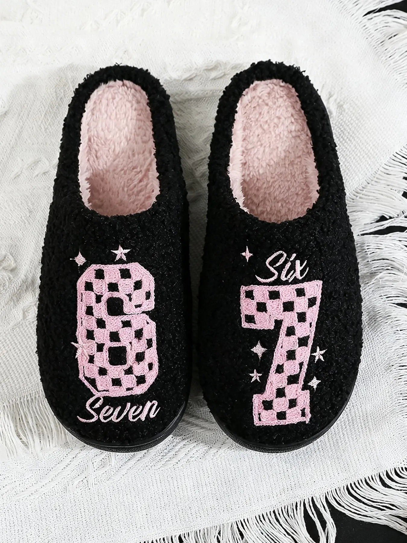 Women's Soft Plush Slippers, Embroidered Letter Design, Cute Cartoon Style, Indoor Warm Anti-Slip Shoes, Fall Winter Holiday Gift