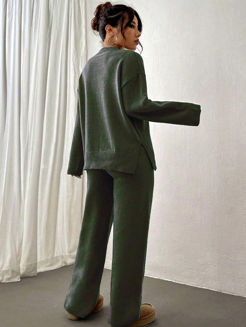 【Plus Size】 Two-Piece Set Women's Solid Color Sweater & Pants, Casual Fashion Knitwear Set for Daily Outdoor Wear, 2 Piece Sets Women, Women Knitwear for Fall & Winter