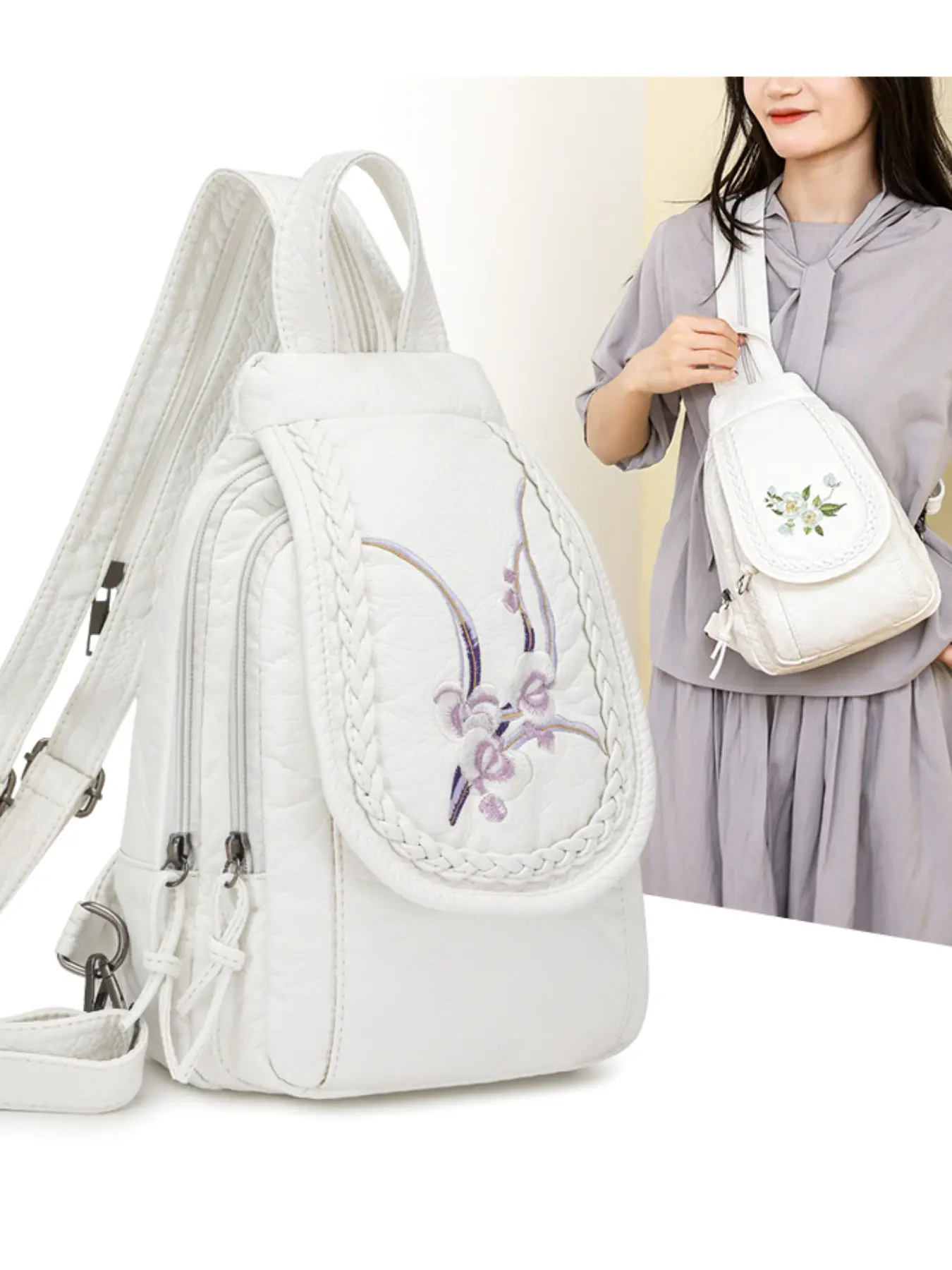 Embroidered Soft Leather Dual-Use Shoulder Chest Bag, Vintage Woven Flower Lightweight Casual Crossbody, Multi-Pocket Outing Backpack