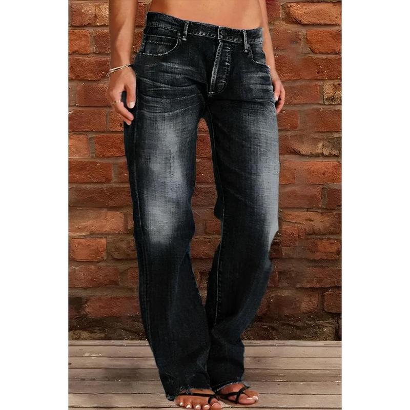 Women's Plus-Size Oversized Baggy Denim Pants - Mid-Rise, Ripped Straight-Leg, 90s Hippie Streetwear, Bleached, Knitting Detail, Button Closure, Pocket, Cold Wash, Casual Sports & Outdoor Bottoms, Plussize