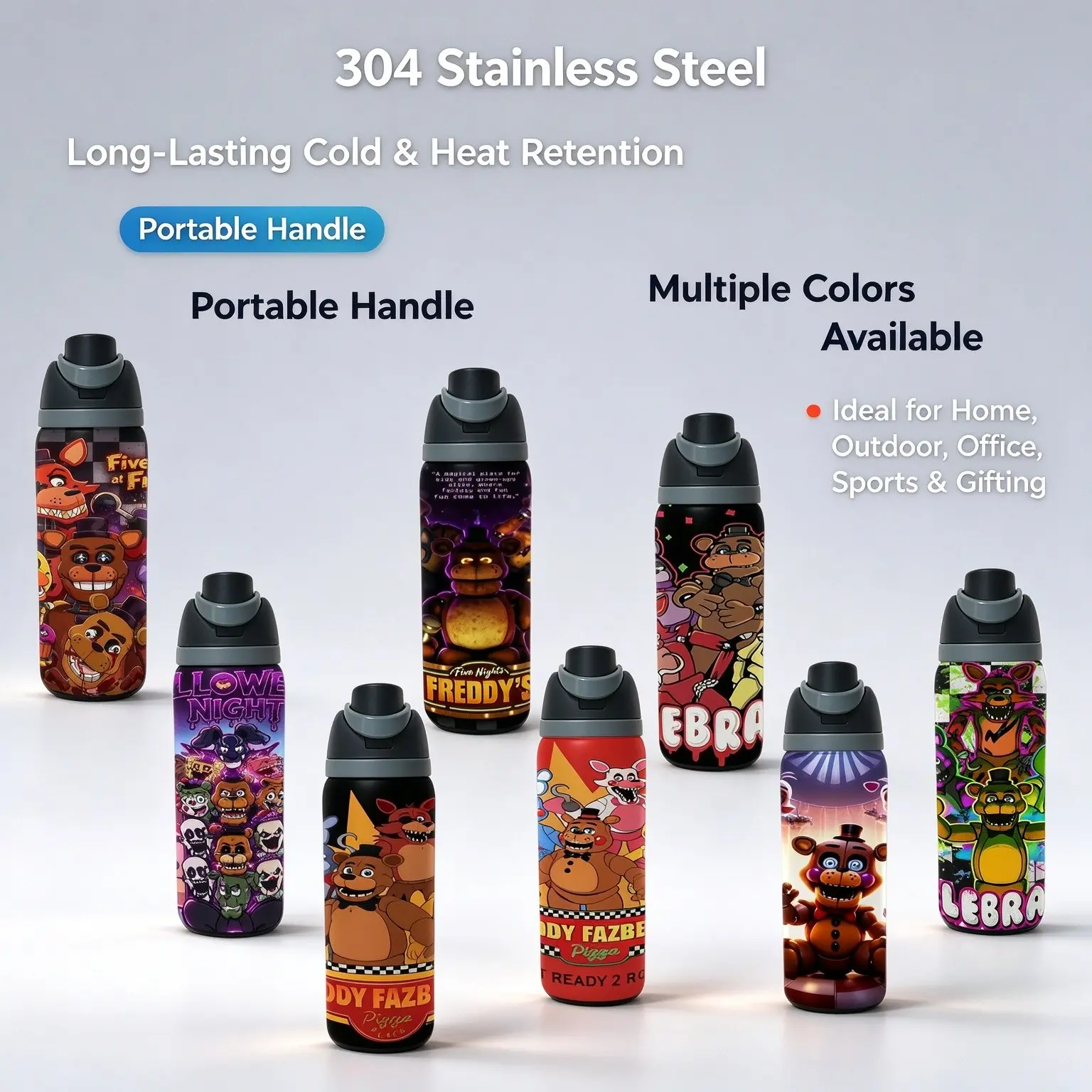 1pc 32oz Five Nights at Freddy's FNAF Water Bottle, 304 Stainless Steel Insulated Tumbler, Keep Hot & Cold, Portable Handle, Multiple Patterns, Travel Sports Outdoor Home Office Gift for Fans, Vacuum Insulated Tumblers