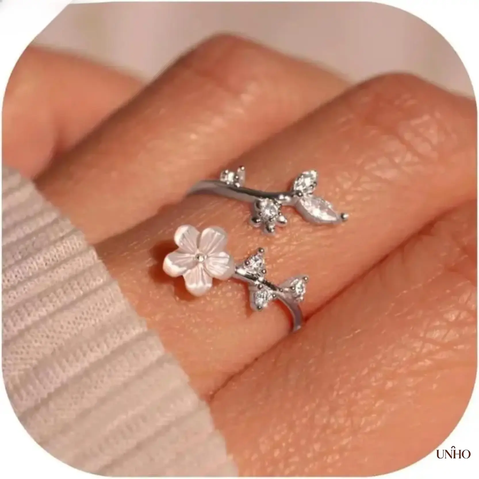 Adjustable Plated Flower Ring For Women, CZ & Mother‑Of‑Pearl Non‑Tarnish Versatile Jewelry, Durable Stylish Premium Accessory, Gift‑Ready Piece In Available Sizes 7‑11