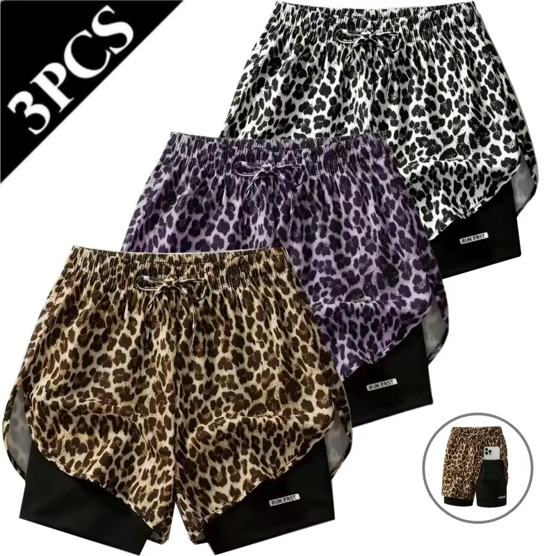 Women's Leopard Print 3-Piece Casual Sportswear Set - Lightweight Polyester Plus Size Fashion, Double-Layer Breathable Layer, Elastic Waist Mid-Length Cut Shorts, Ideal for Cycling/Yoga, Yoga/Running