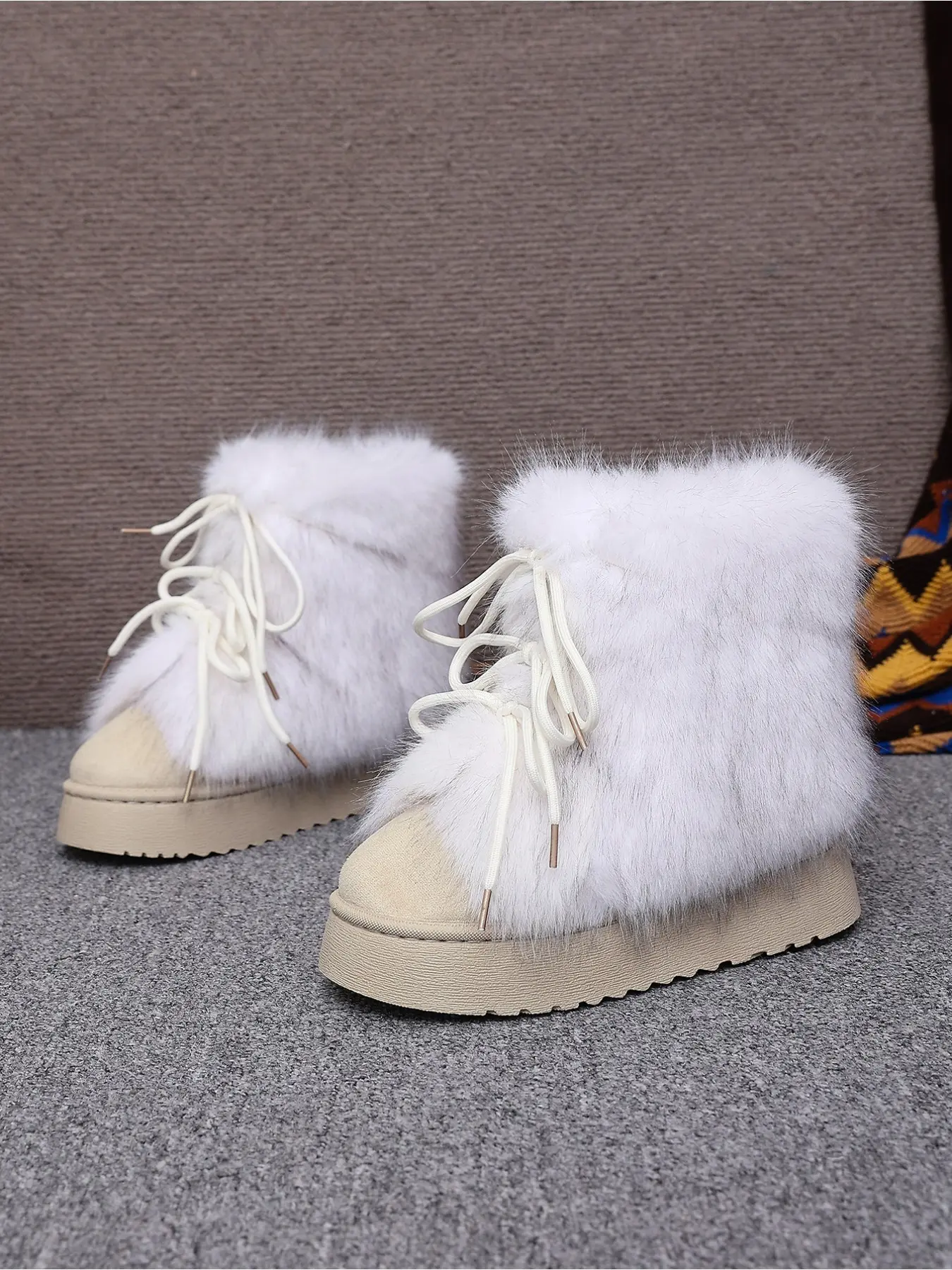 Women's Platform Lace‑Up Snow Boots, Faux Fur Cuff Plush Warm Ankle Boots Winter Retro Casual Cotton Booties