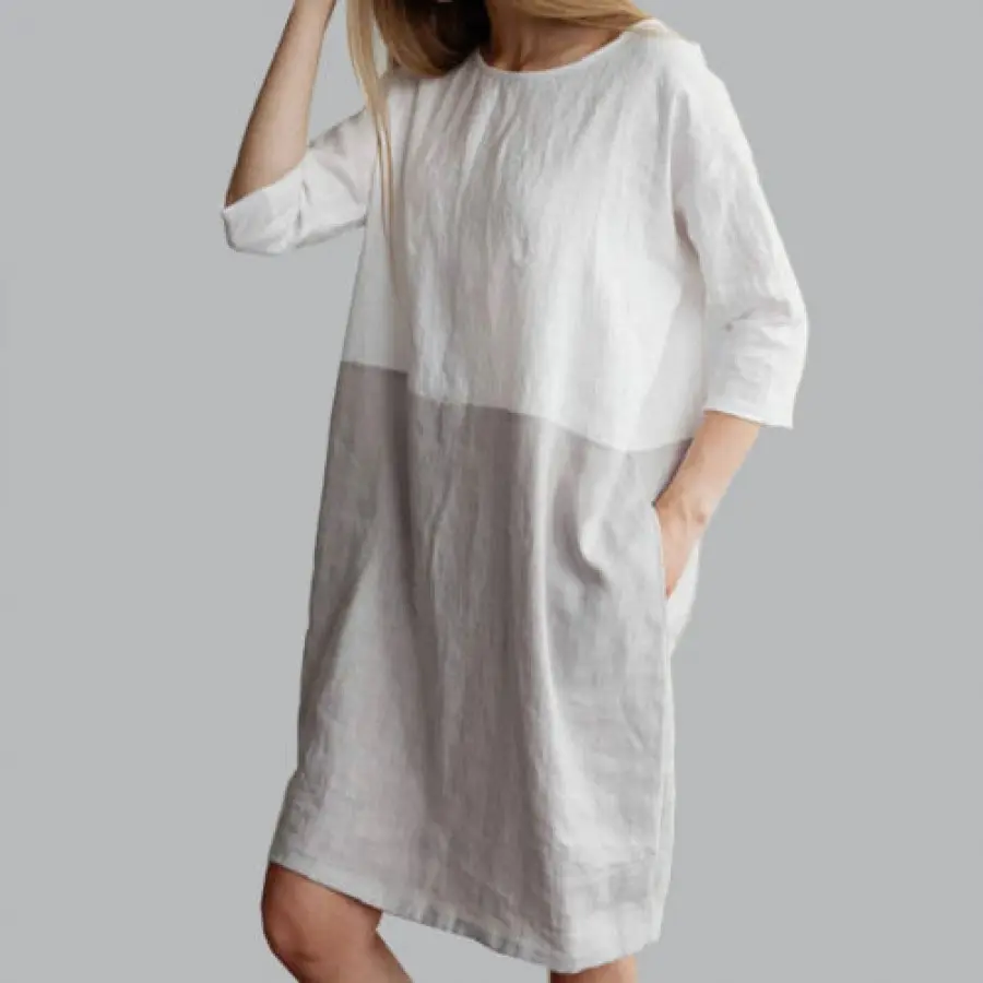 Casual Color Block Dress for Women - Retro Round Neck 3/4 Sleeve Cotton Linen Loose Fit, Plus Size, Casual Wear